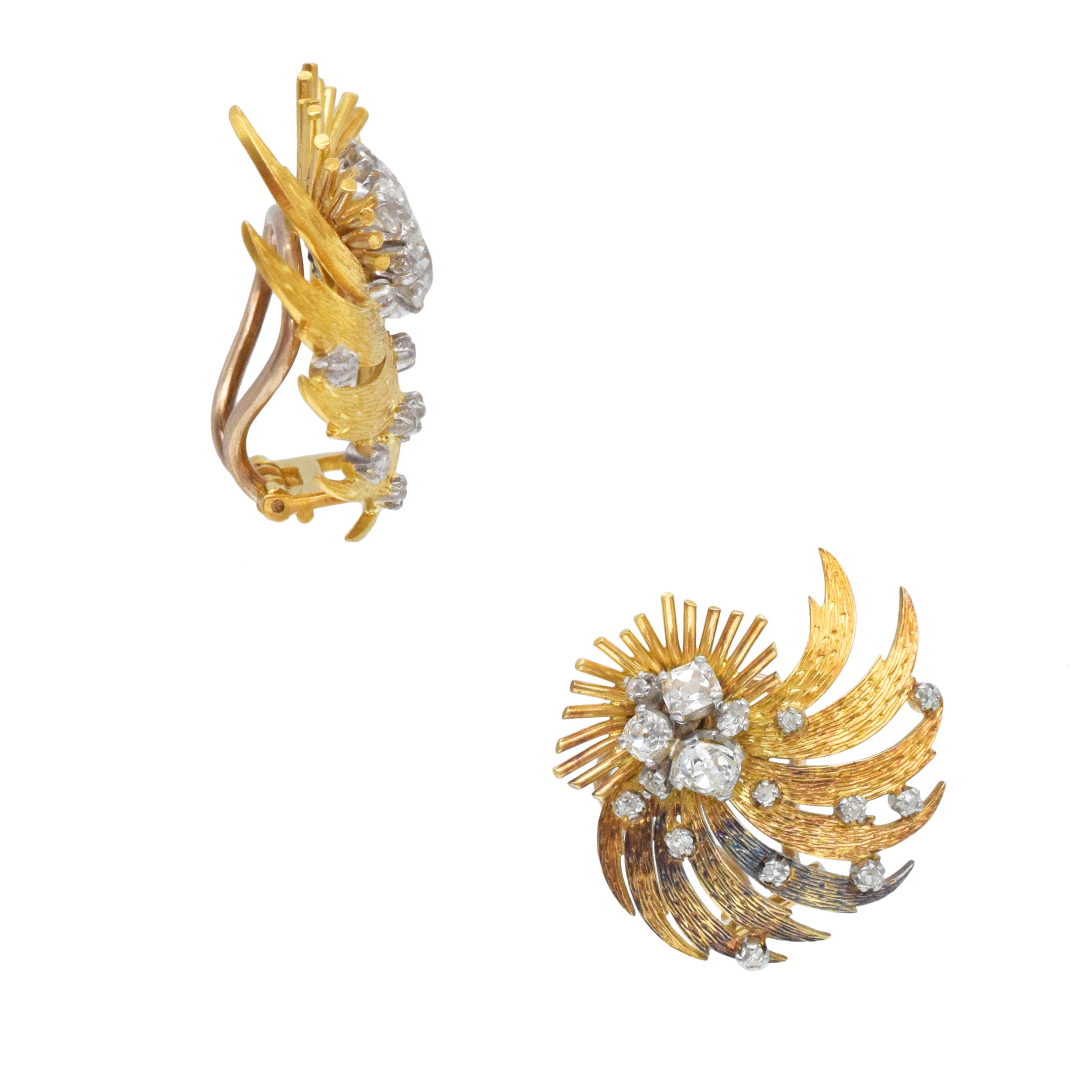 Garrard&Co. Vintage 18k Yellow Gold And Diamond Earrings And Brooch Set