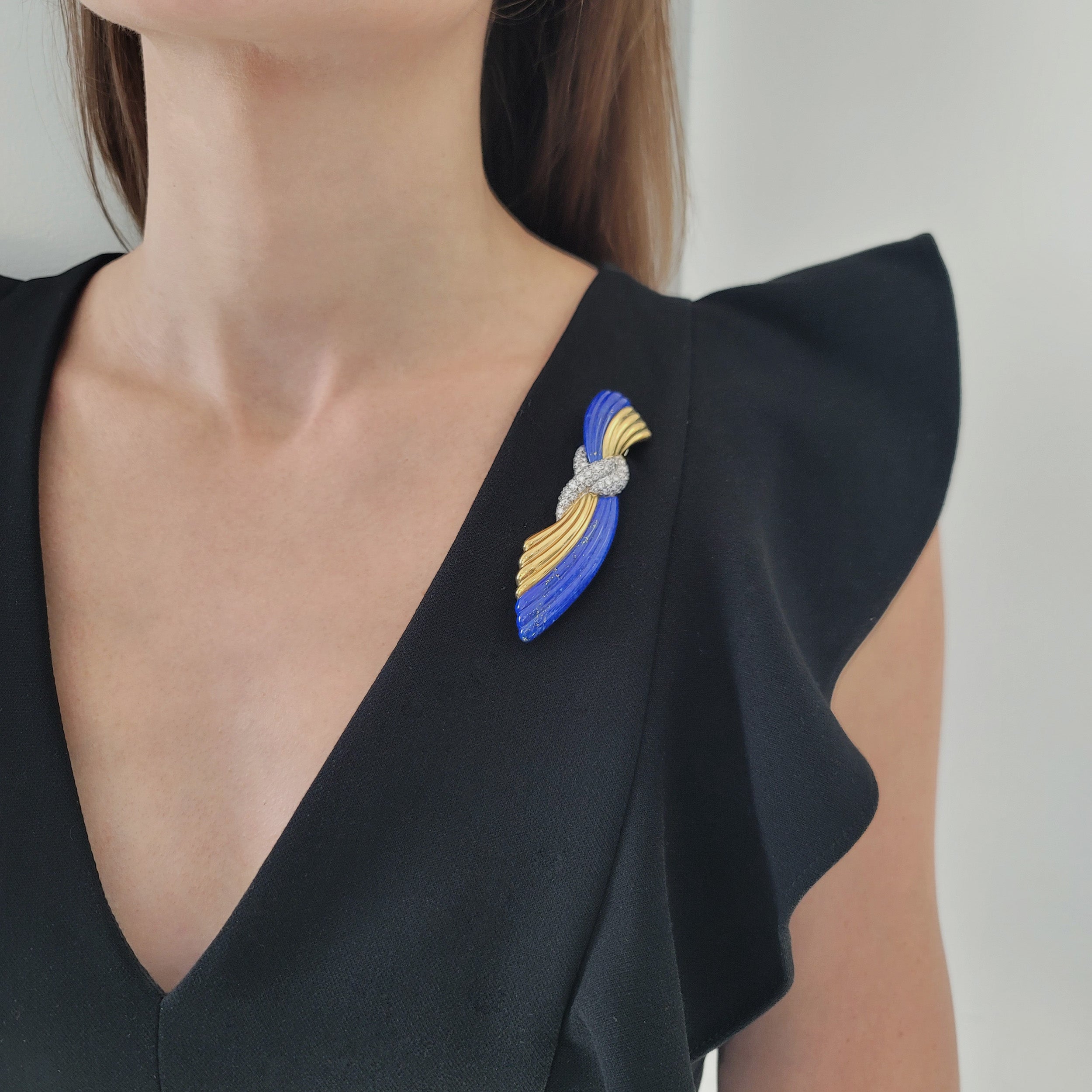 Tiffany & Co. Diamond, and Lapis Lazuli Swag Design Brooch In 18k Gold