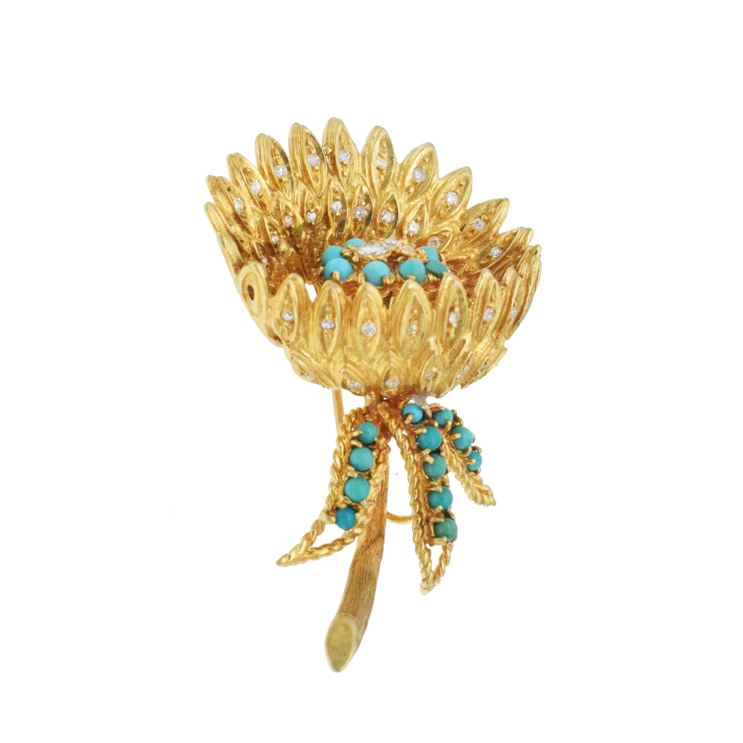 Wallach Turquoise And Diamond Flower Brooch In 18k Yellow Gold