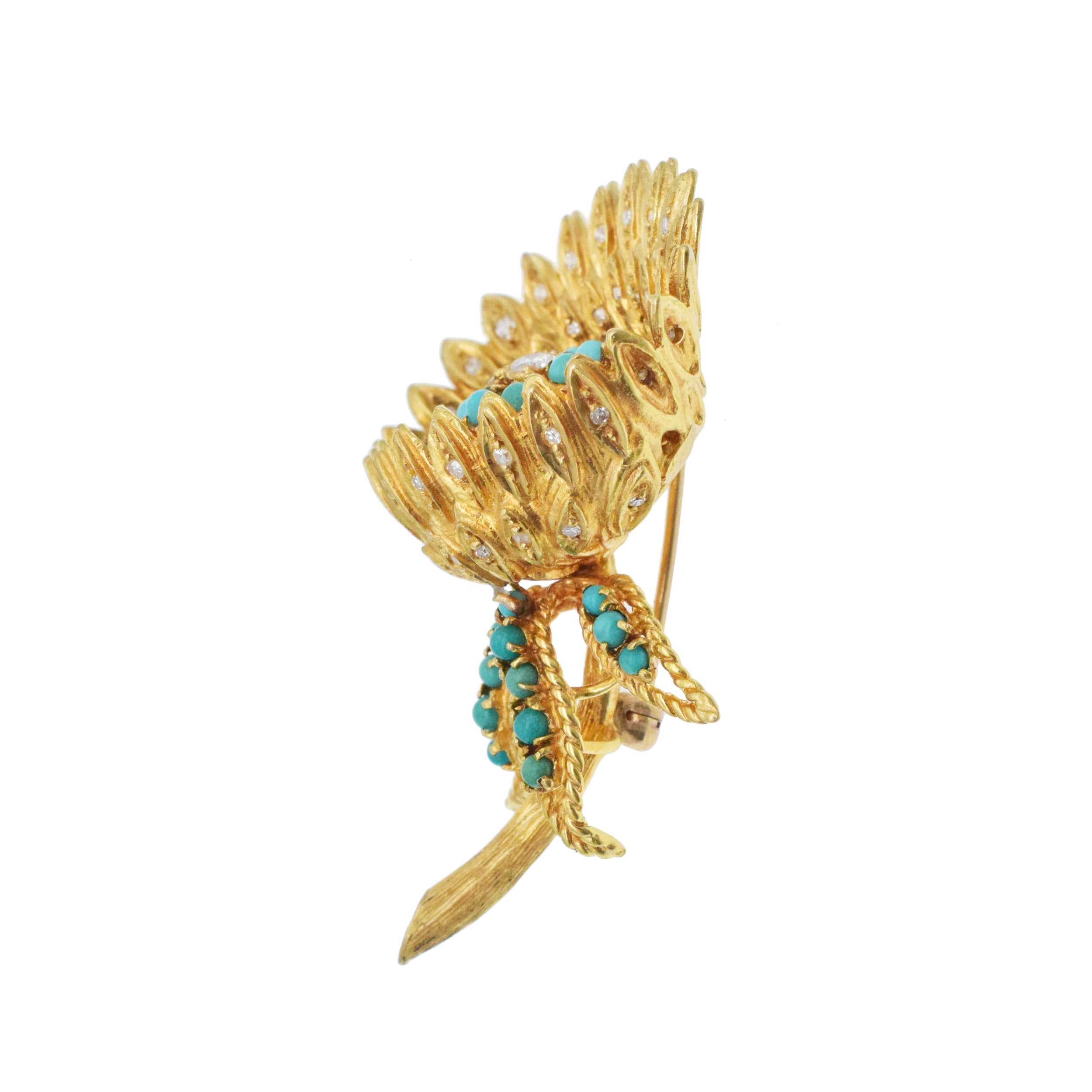 Wallach Turquoise And Diamond Flower Brooch In 18k Yellow Gold