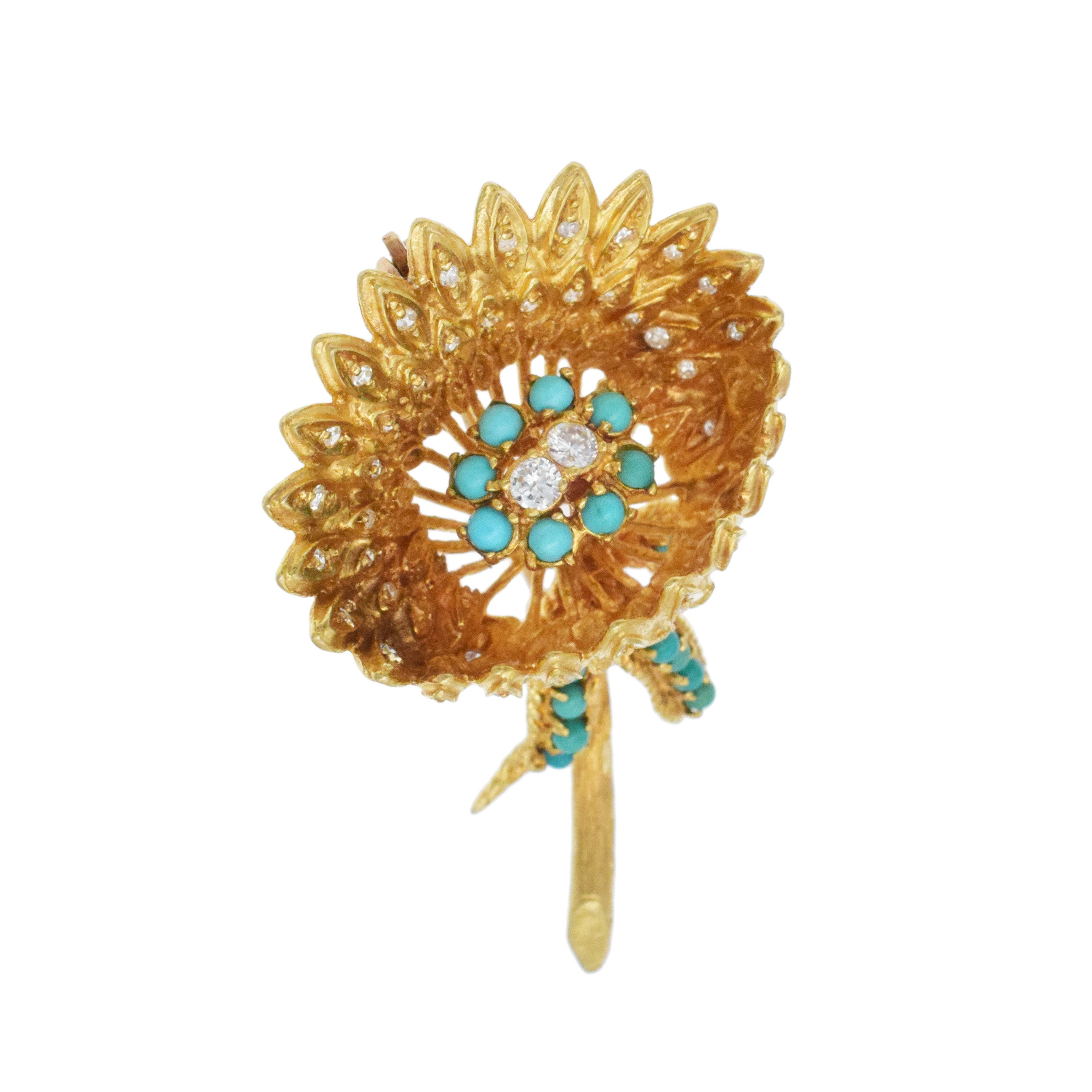 Wallach Turquoise And Diamond Flower Brooch In 18k Yellow Gold