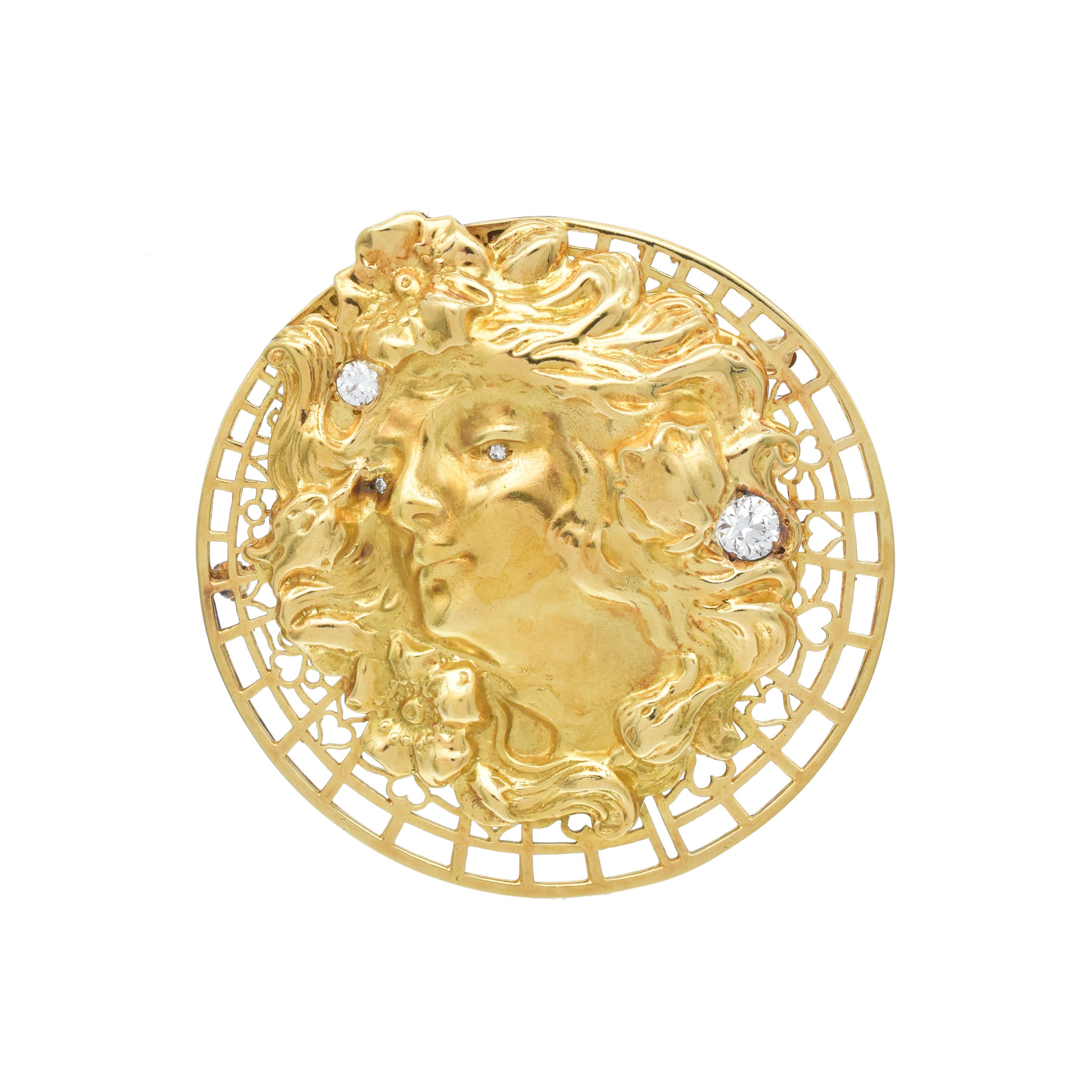 Retro 18k Yellow Gold And Diamond Venus Pendant / Brooch In 18k Yellow Gold