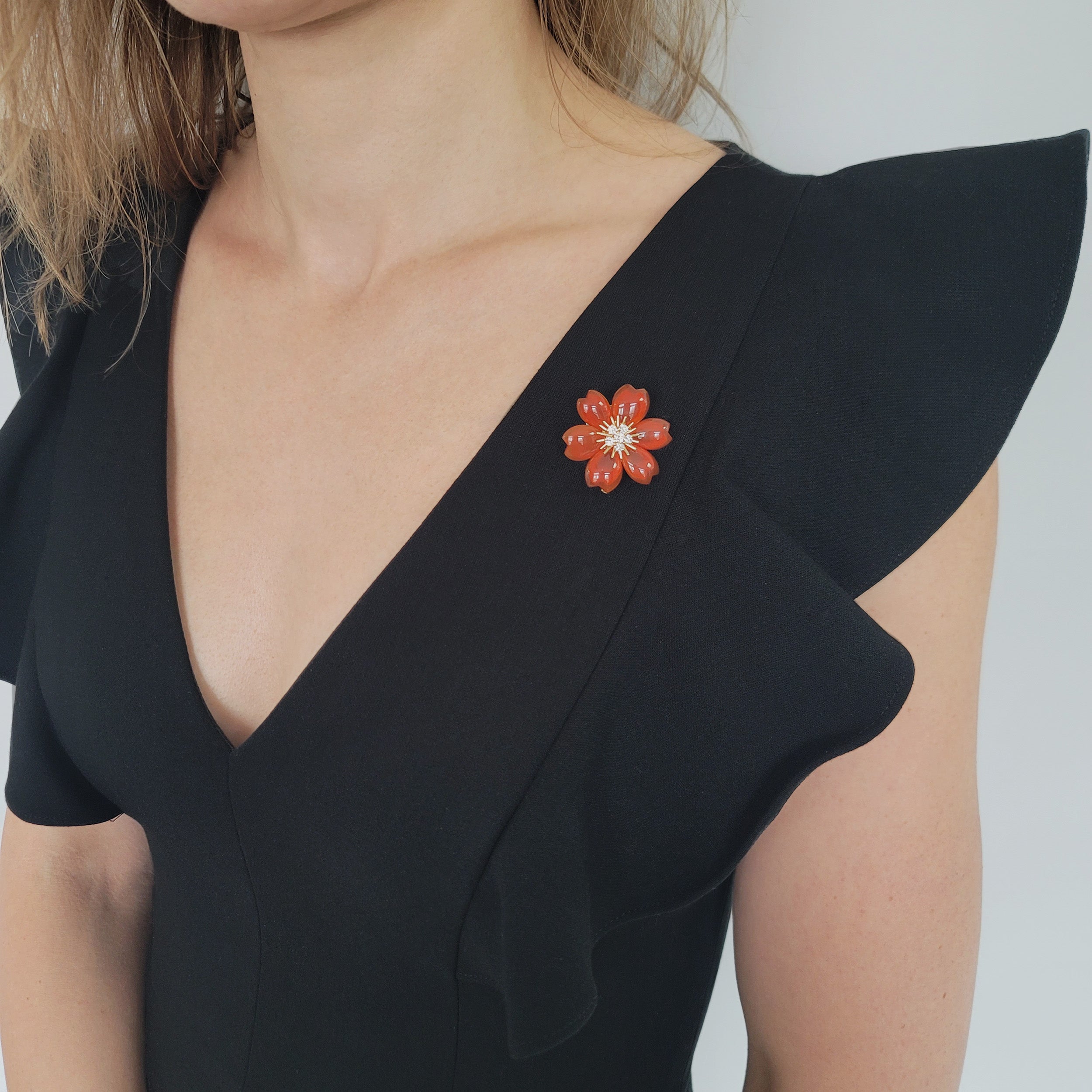 Van Cleef & Arpels Carnelian Rose De Noel Clip Brooch / Pendant In 18k Yellow Gold. Small Model