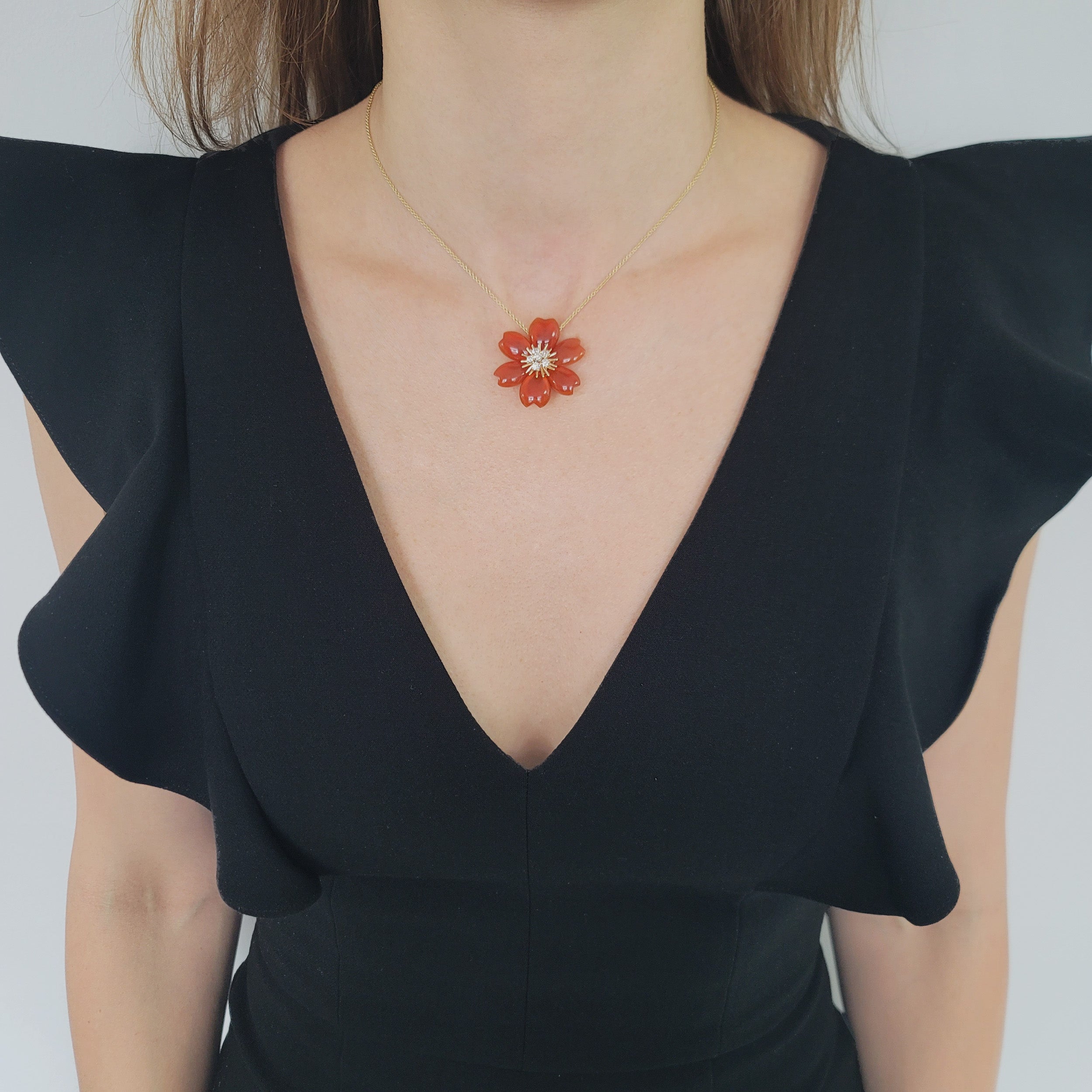 Van Cleef & Arpels Carnelian Rose De Noel Clip Brooch / Pendant In 18k Yellow Gold. Small Model