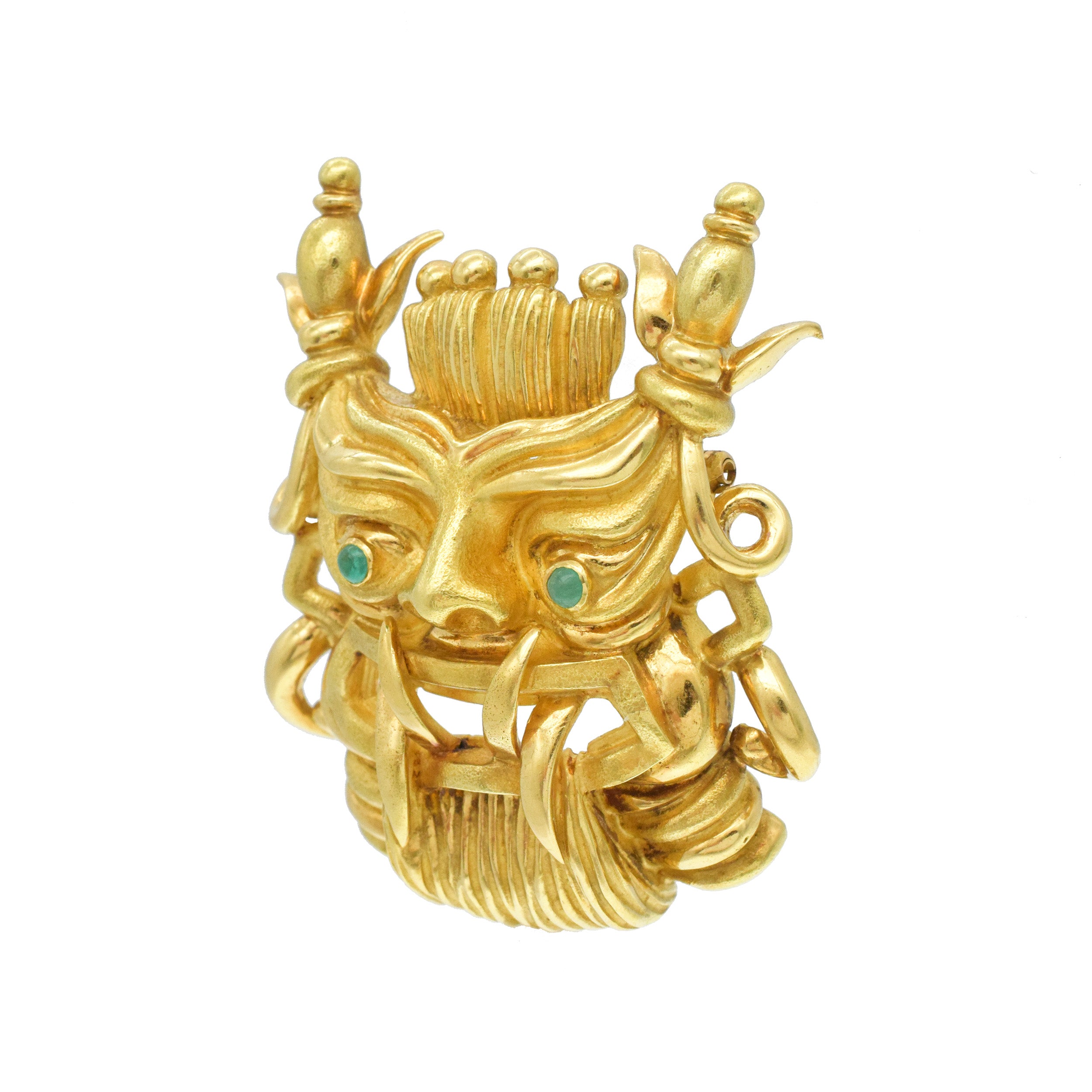 Tiffany&Co 18k Yellow Gold Mask Brooch / Pendant With Emerald Eyes