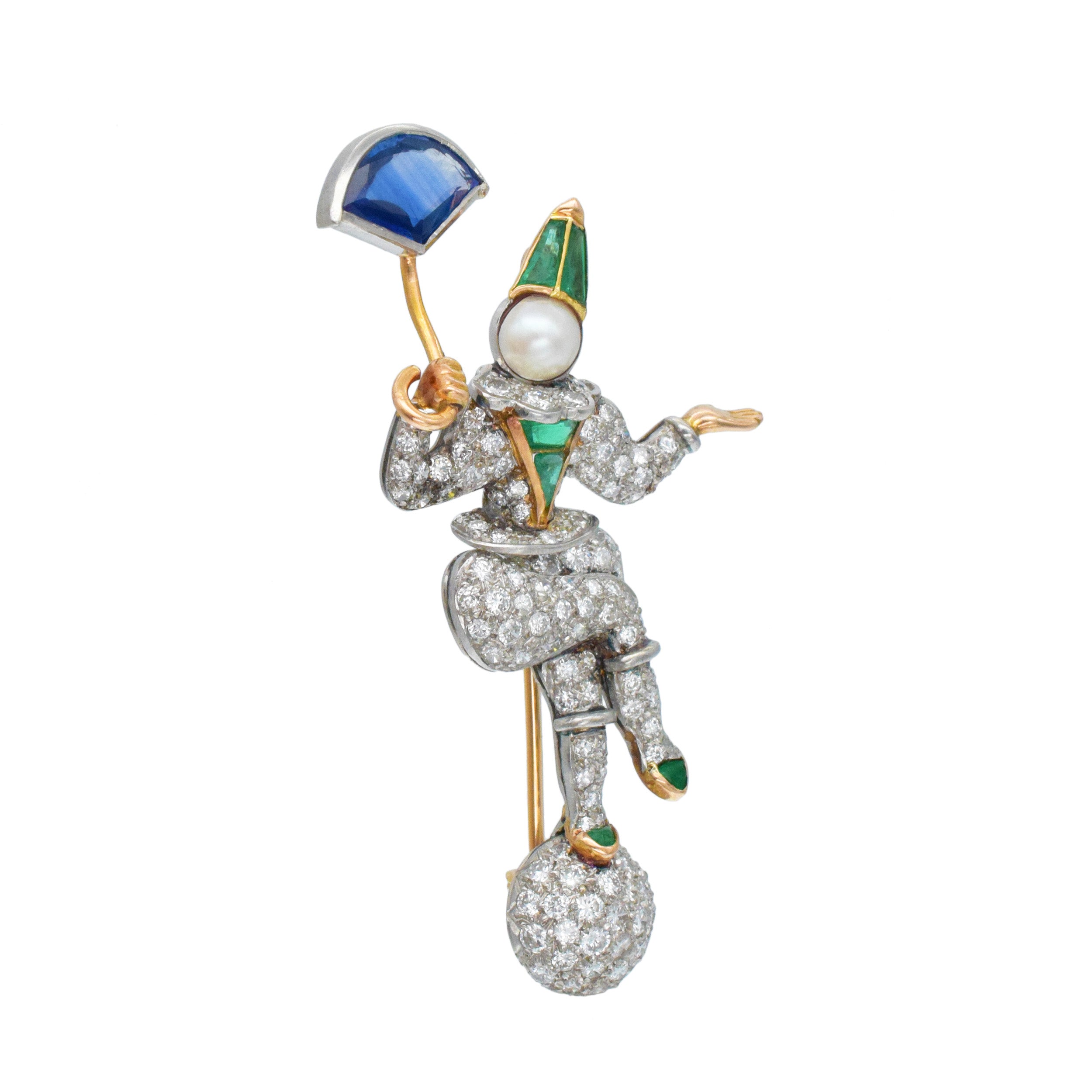 Diamond, Sapphire, Emerald And Pearl Clown Brooch In Platinum And Rose Gold