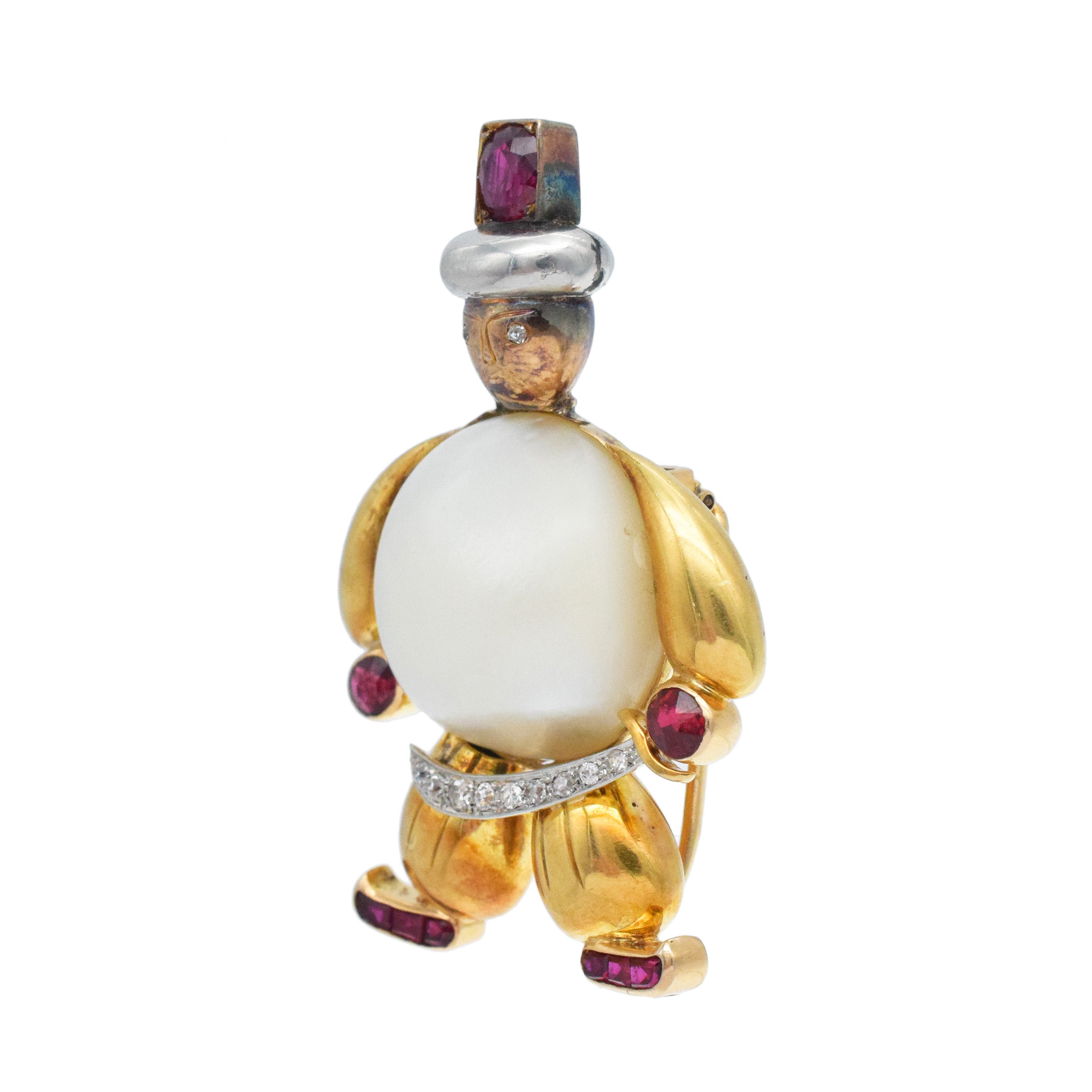 Vintage Mabe Pearl, Ruby And Diamond Cavalry Warrior Brooch In 18k Yellow Gold
