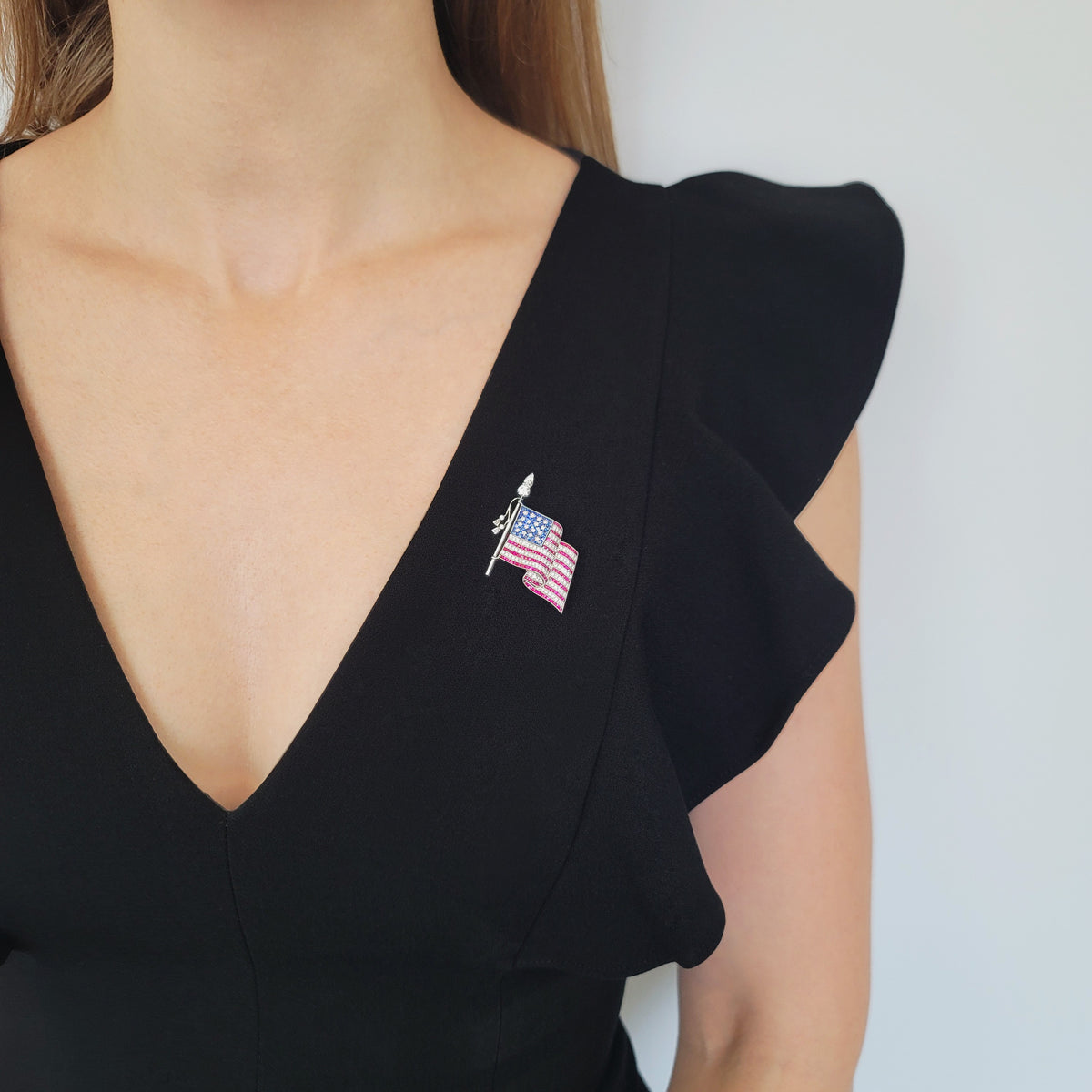 Diamond, Sapphire And Ruby American flag brooch in platinum