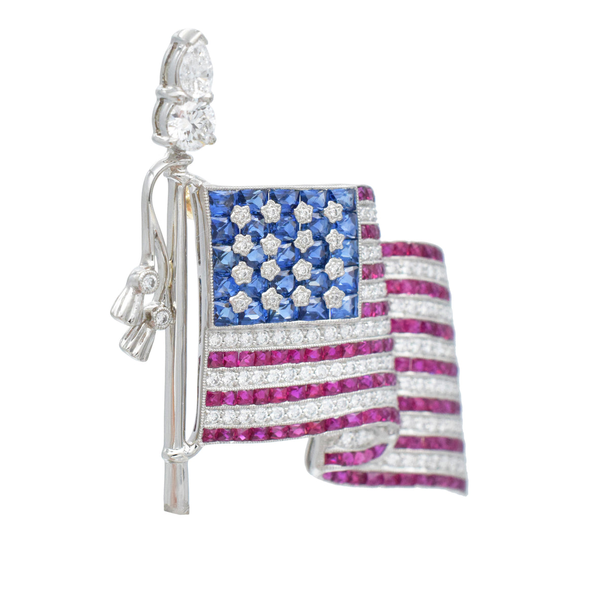 Diamond, Sapphire And Ruby American flag brooch in platinum