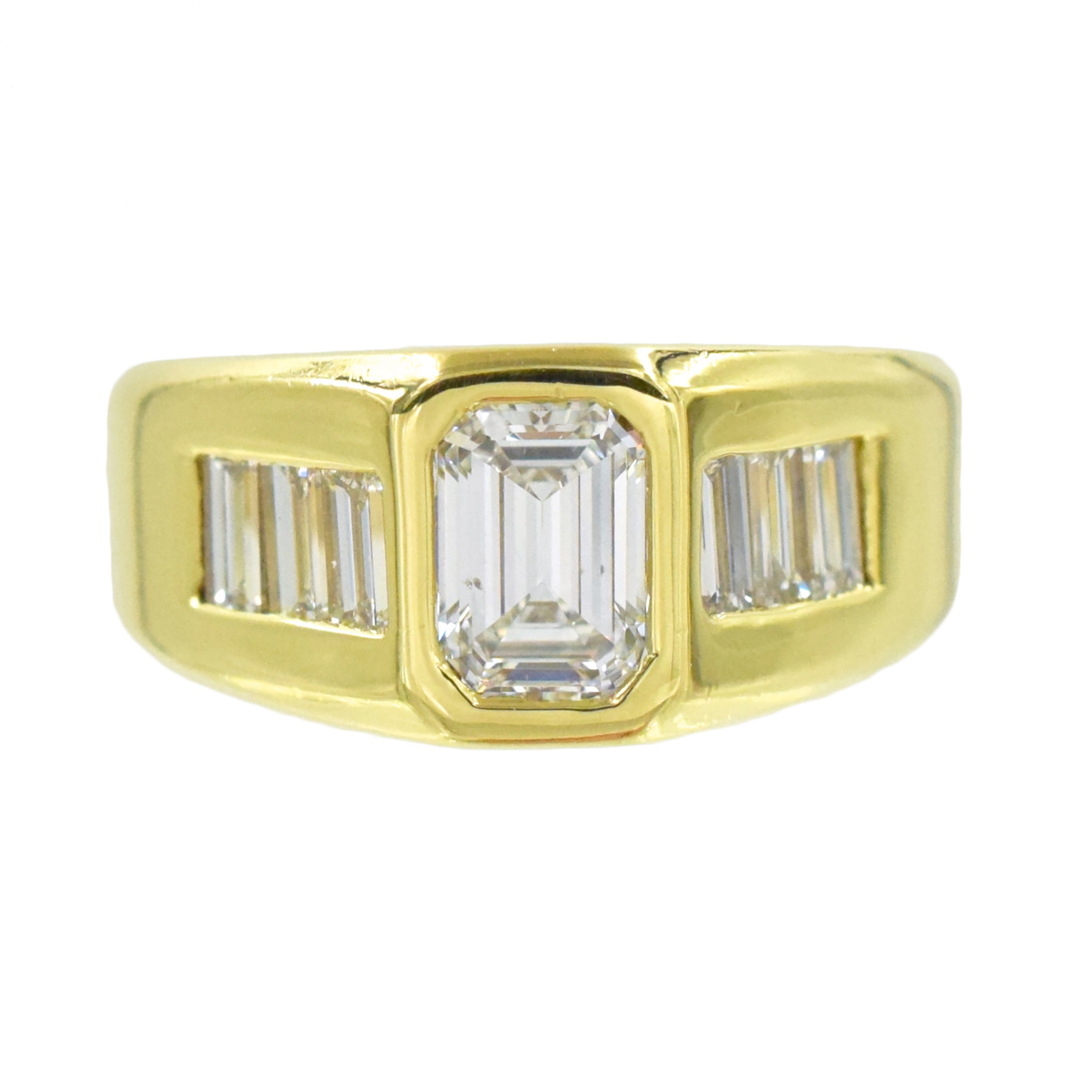 2.00ct Burnished Emerald Cut And Baguette Cut Diamond Ring In 18k Yellow Gold