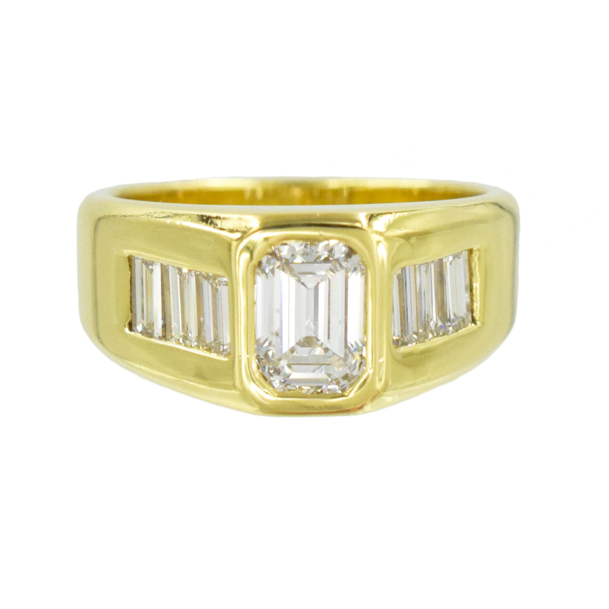 2.00ct Burnished Emerald Cut And Baguette Cut Diamond Ring In 18k Yellow Gold
