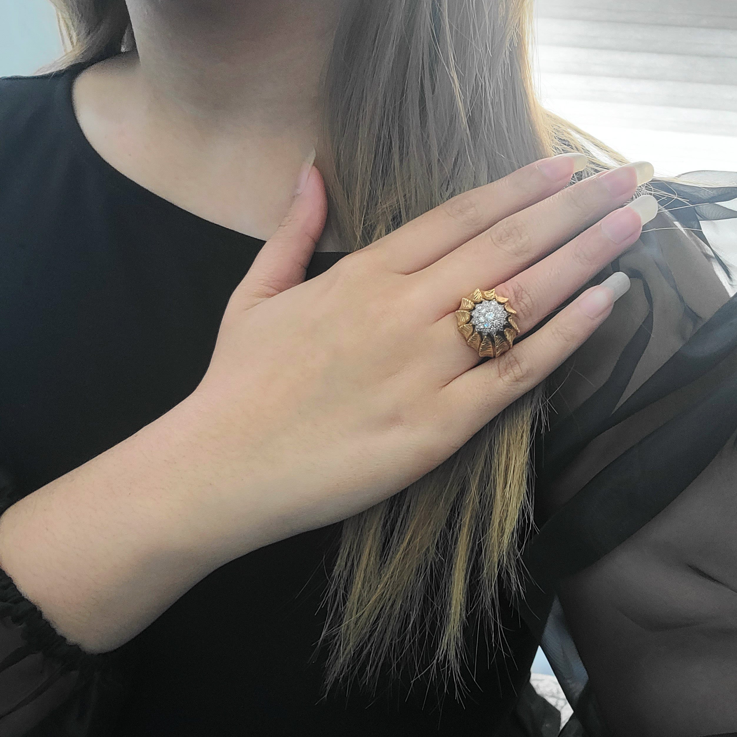 Diamond, 18k Yellow Gold, and Platinum Retro Flower Bud Ring