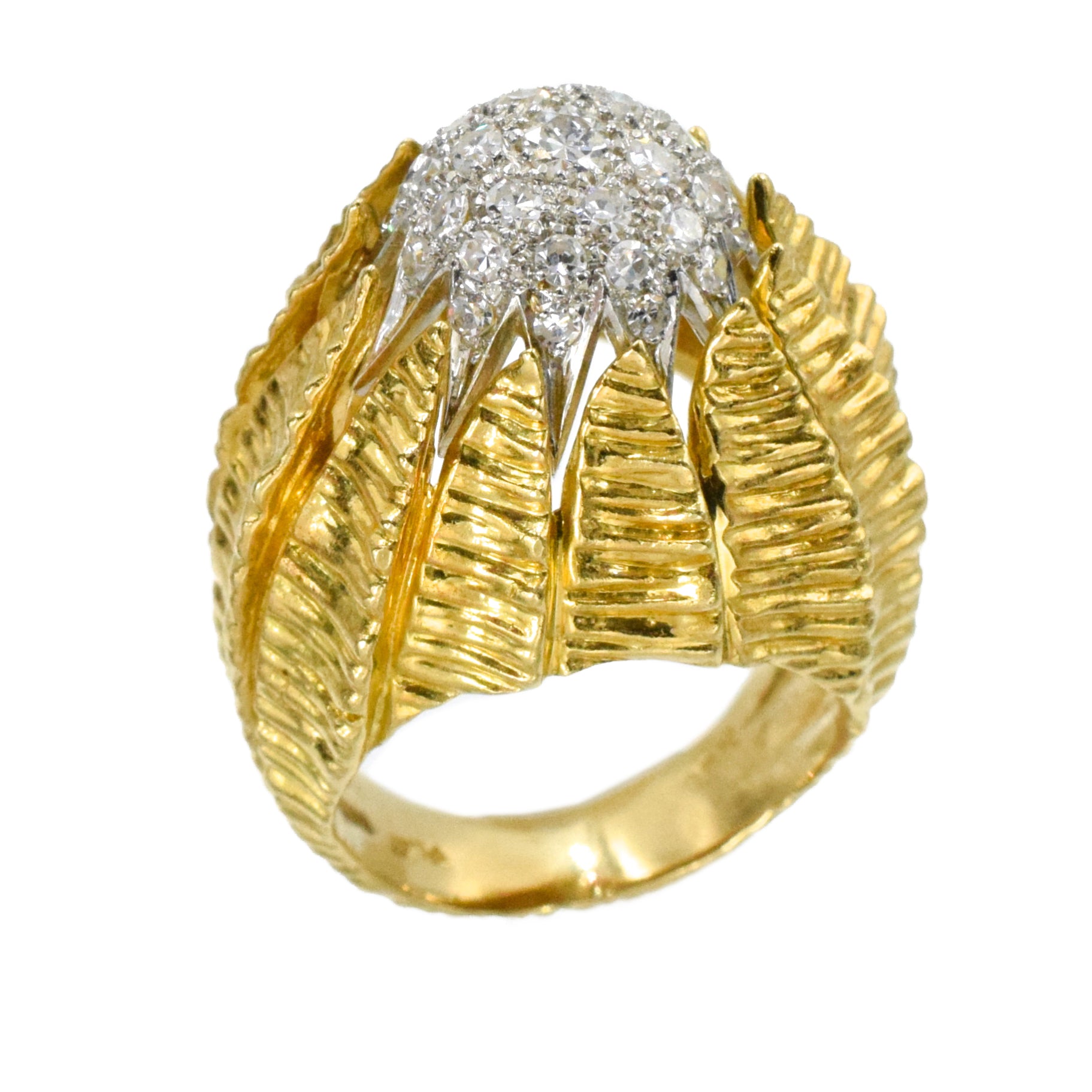 Diamond, 18k Yellow Gold, and Platinum Retro Flower Bud Ring