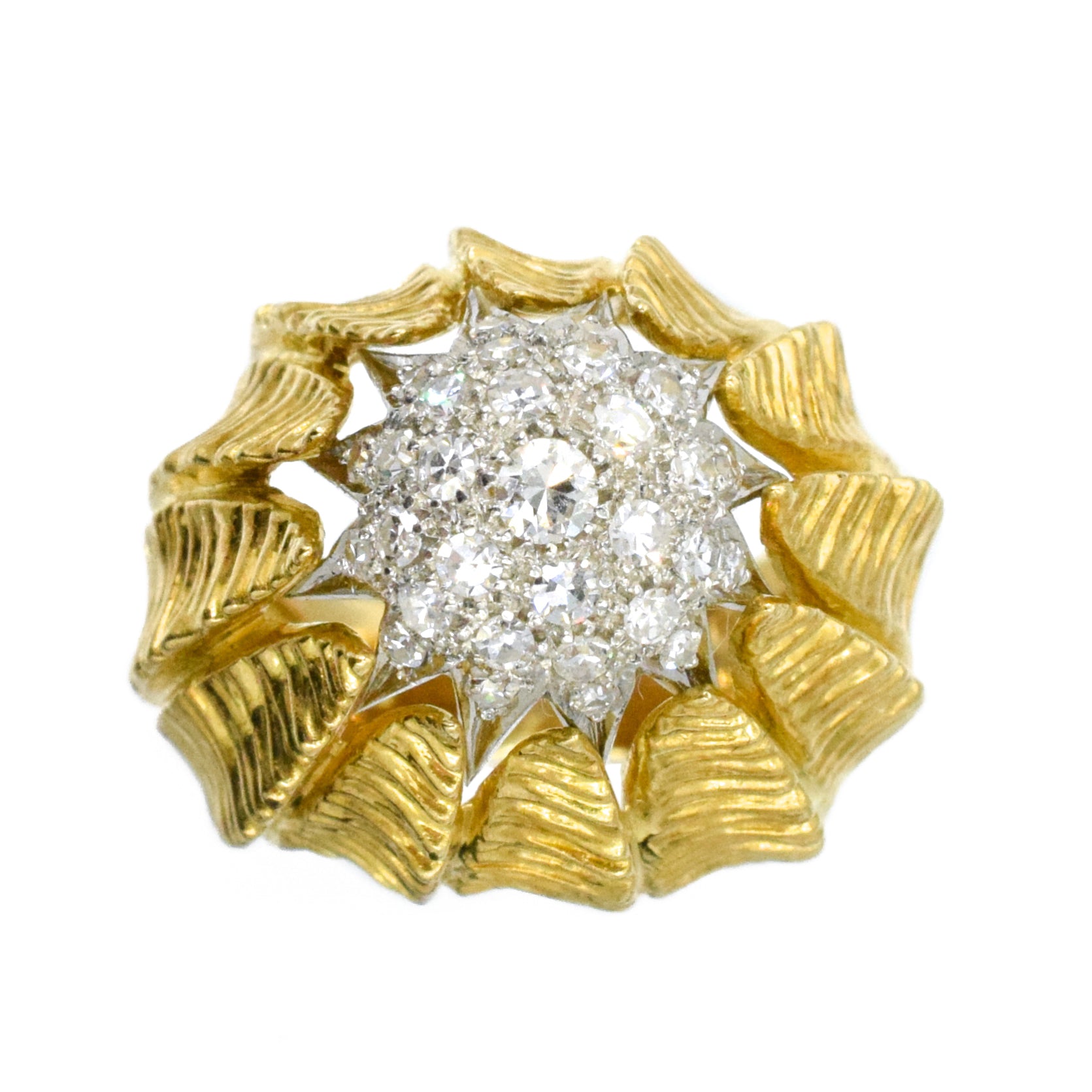 Diamond, 18k Yellow Gold, and Platinum Retro Flower Bud Ring