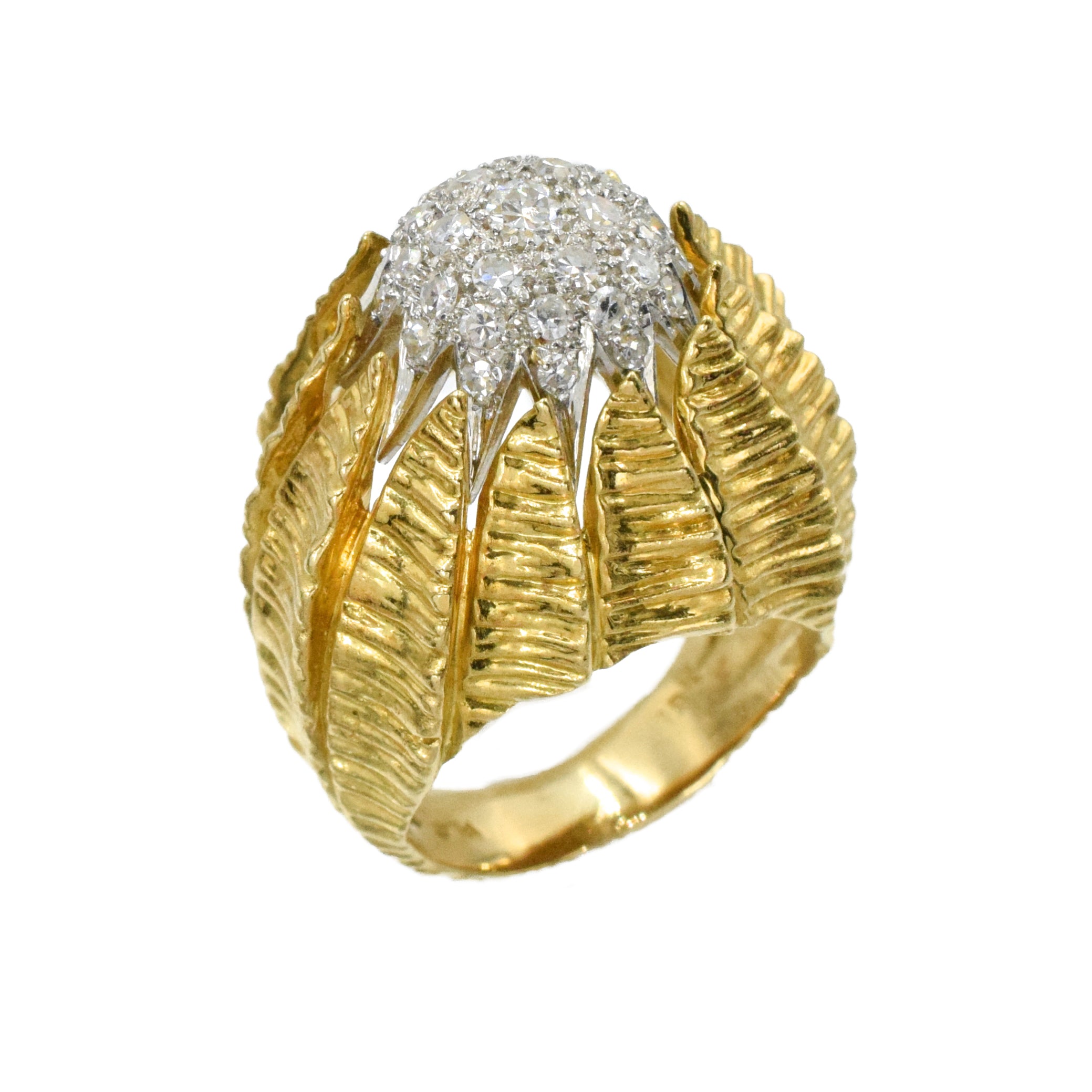 Diamond, 18k Yellow Gold, and Platinum Retro Flower Bud Ring