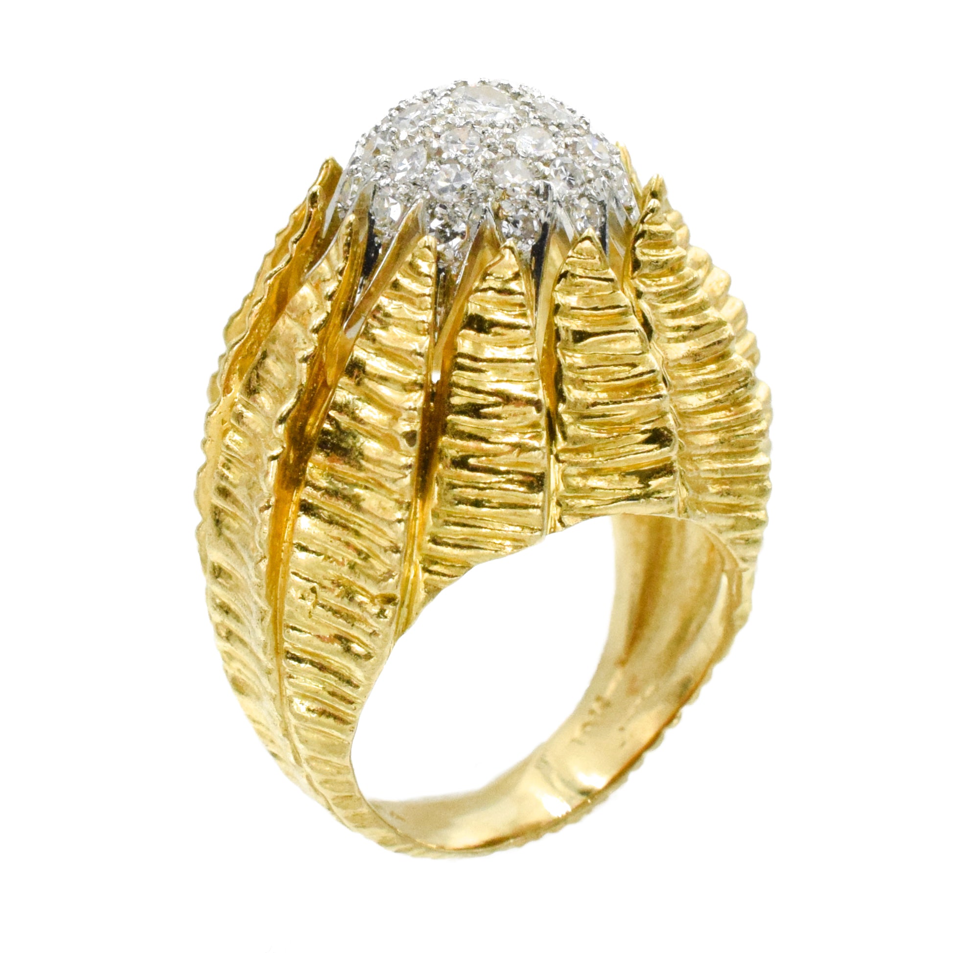 Diamond, 18k Yellow Gold, and Platinum Retro Flower Bud Ring