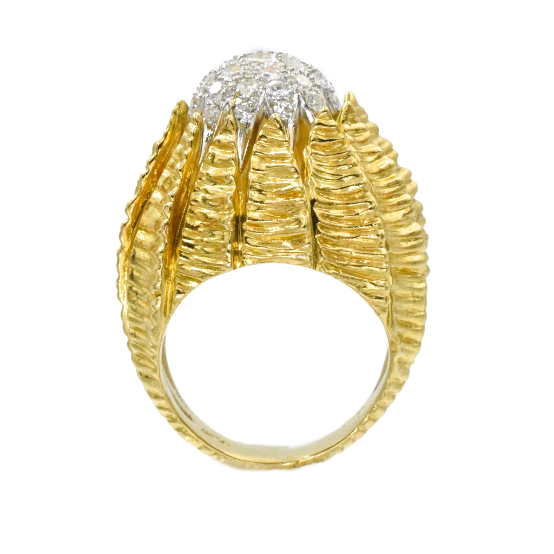 Diamond, 18k Yellow Gold, and Platinum Retro Flower Bud Ring