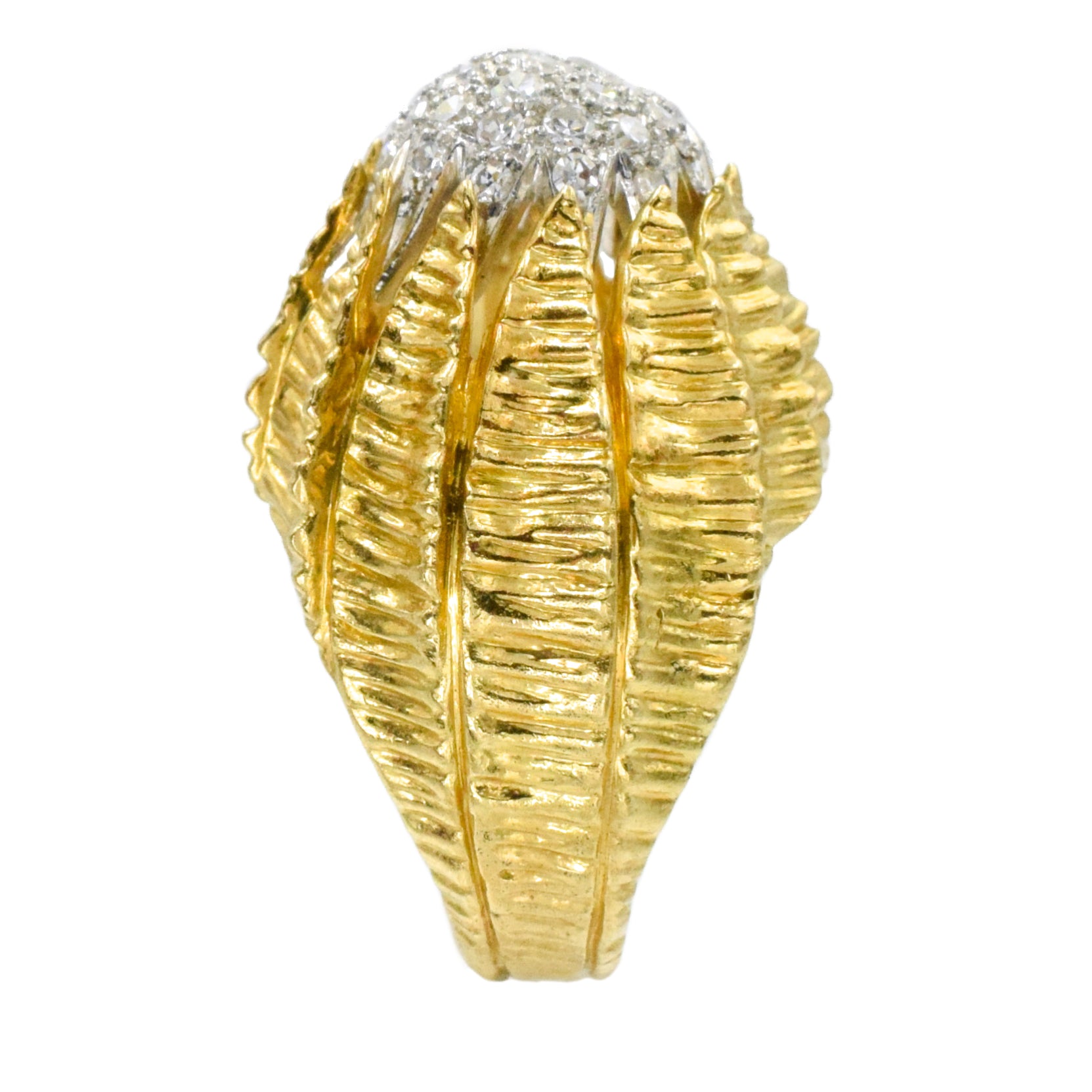 Diamond, 18k Yellow Gold, and Platinum Retro Flower Bud Ring