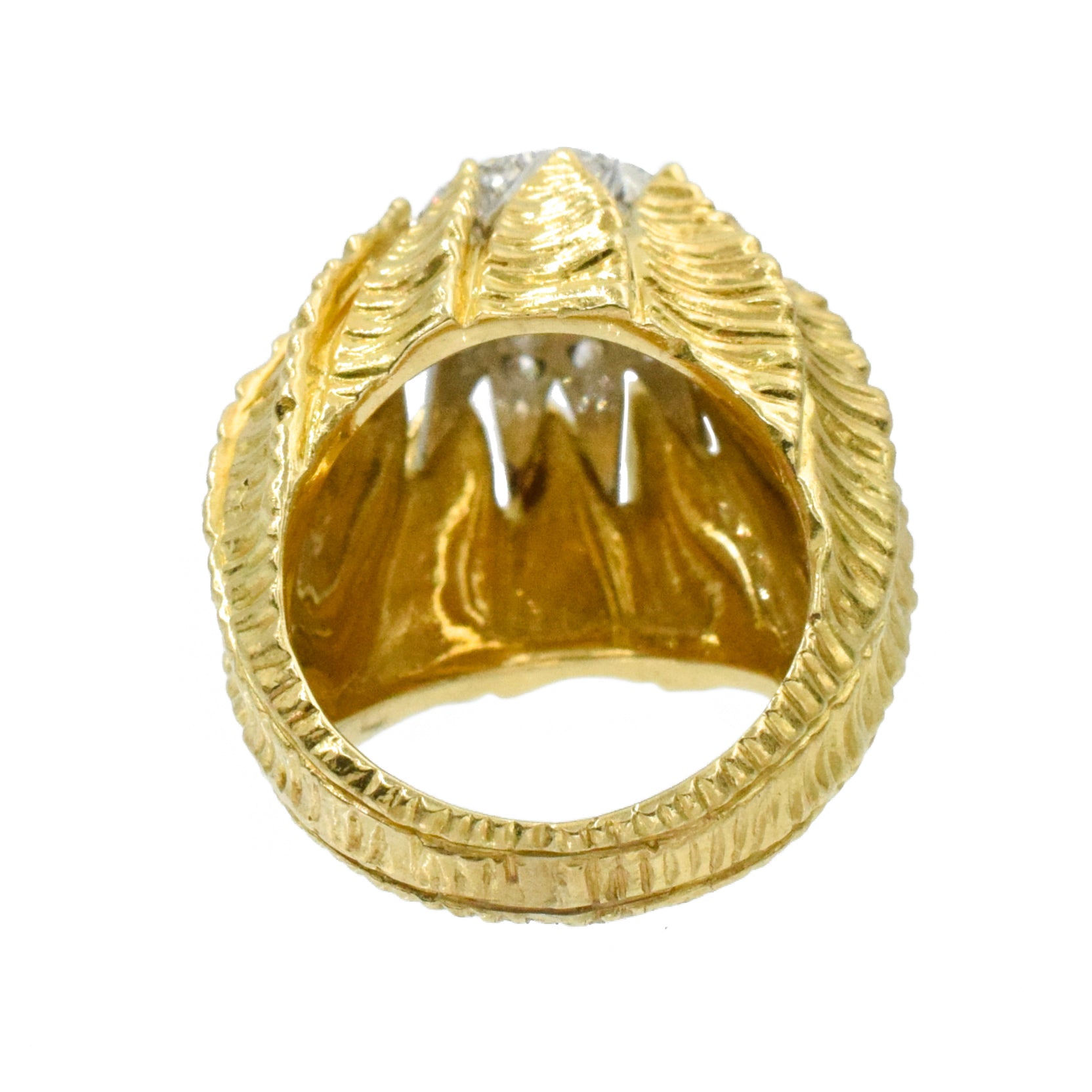 Diamond, 18k Yellow Gold, and Platinum Retro Flower Bud Ring