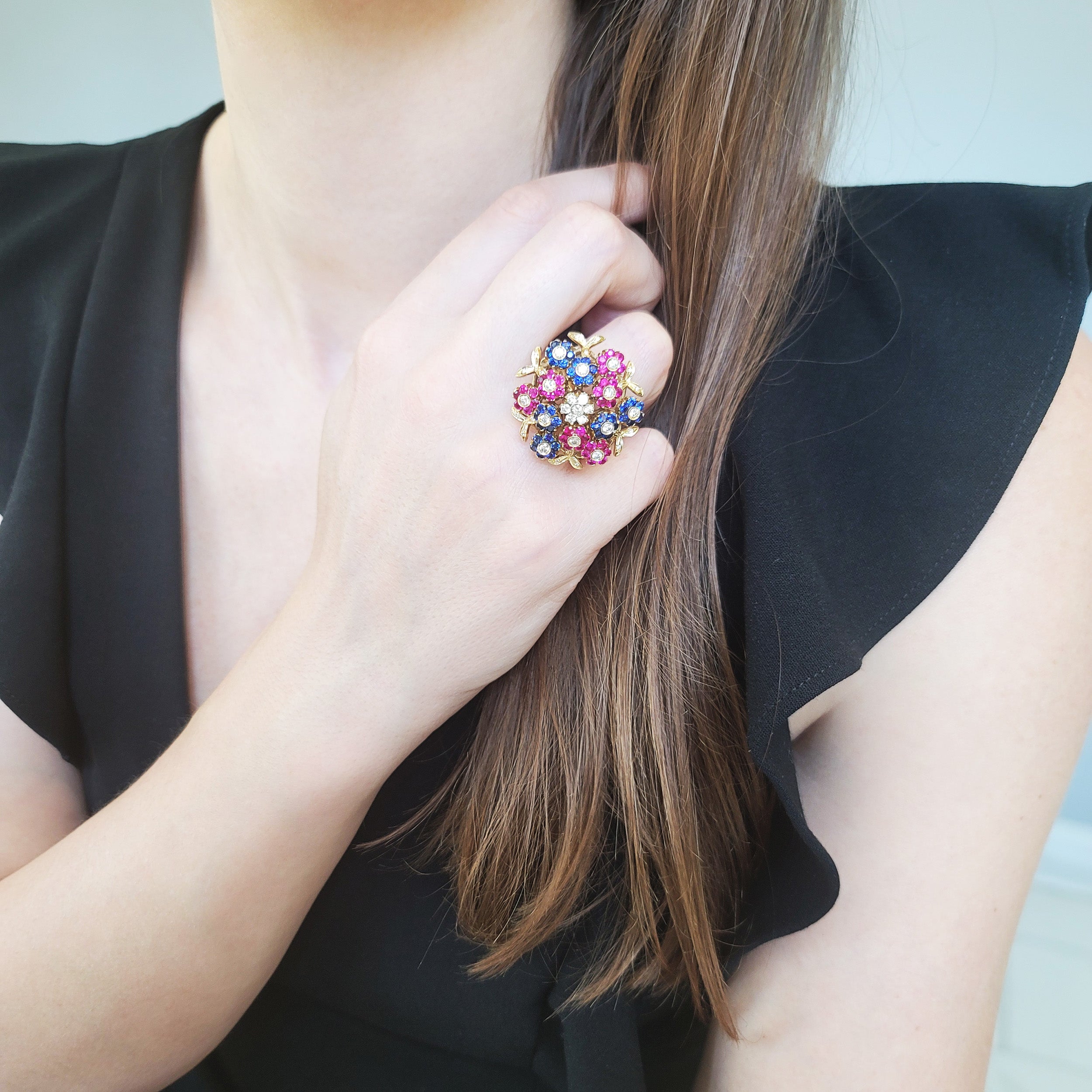 Ruby, Sapphire And Diamond Tremblant Flower Ring In 18k Yellow Gold