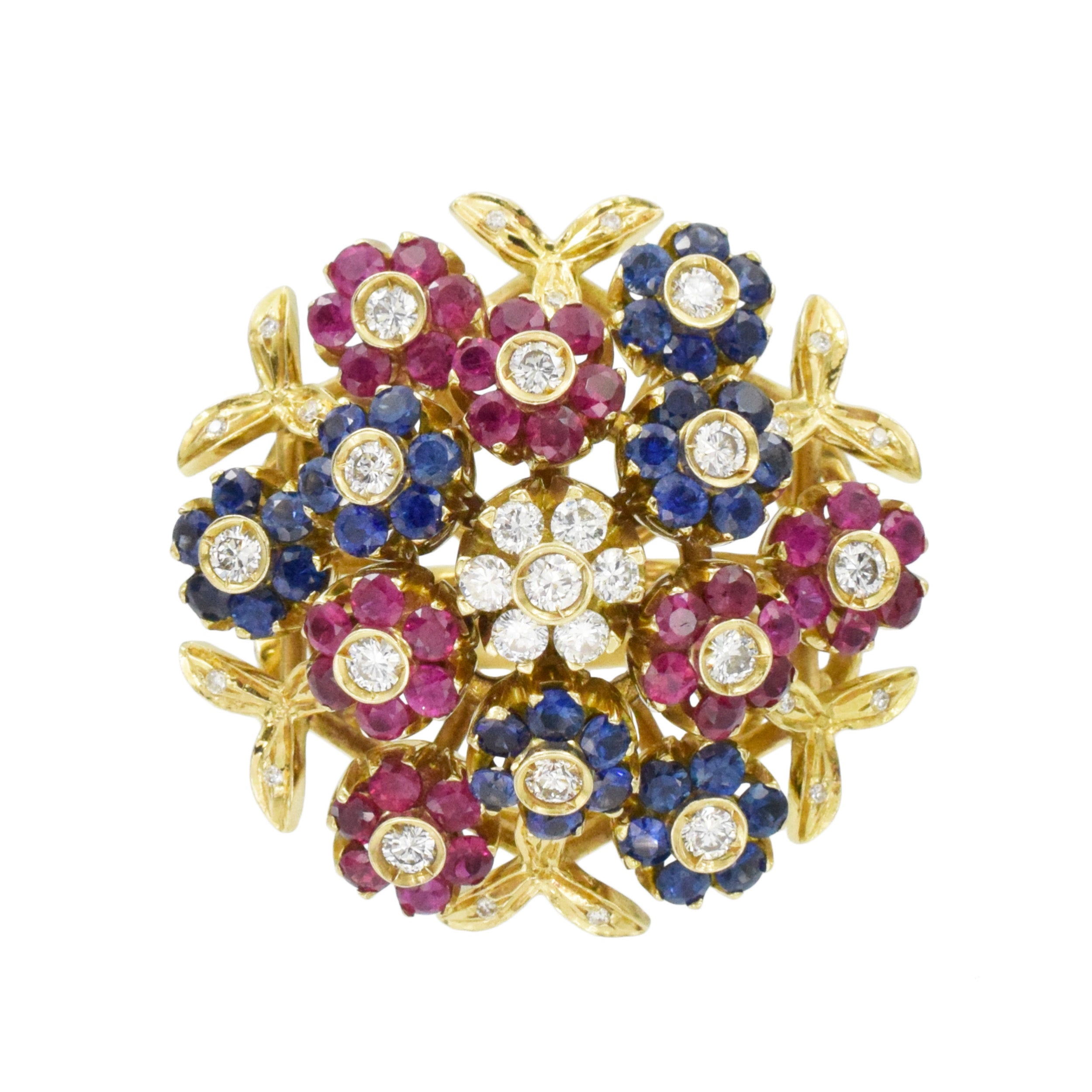 Ruby, Sapphire And Diamond Tremblant Flower Ring In 18k Yellow Gold