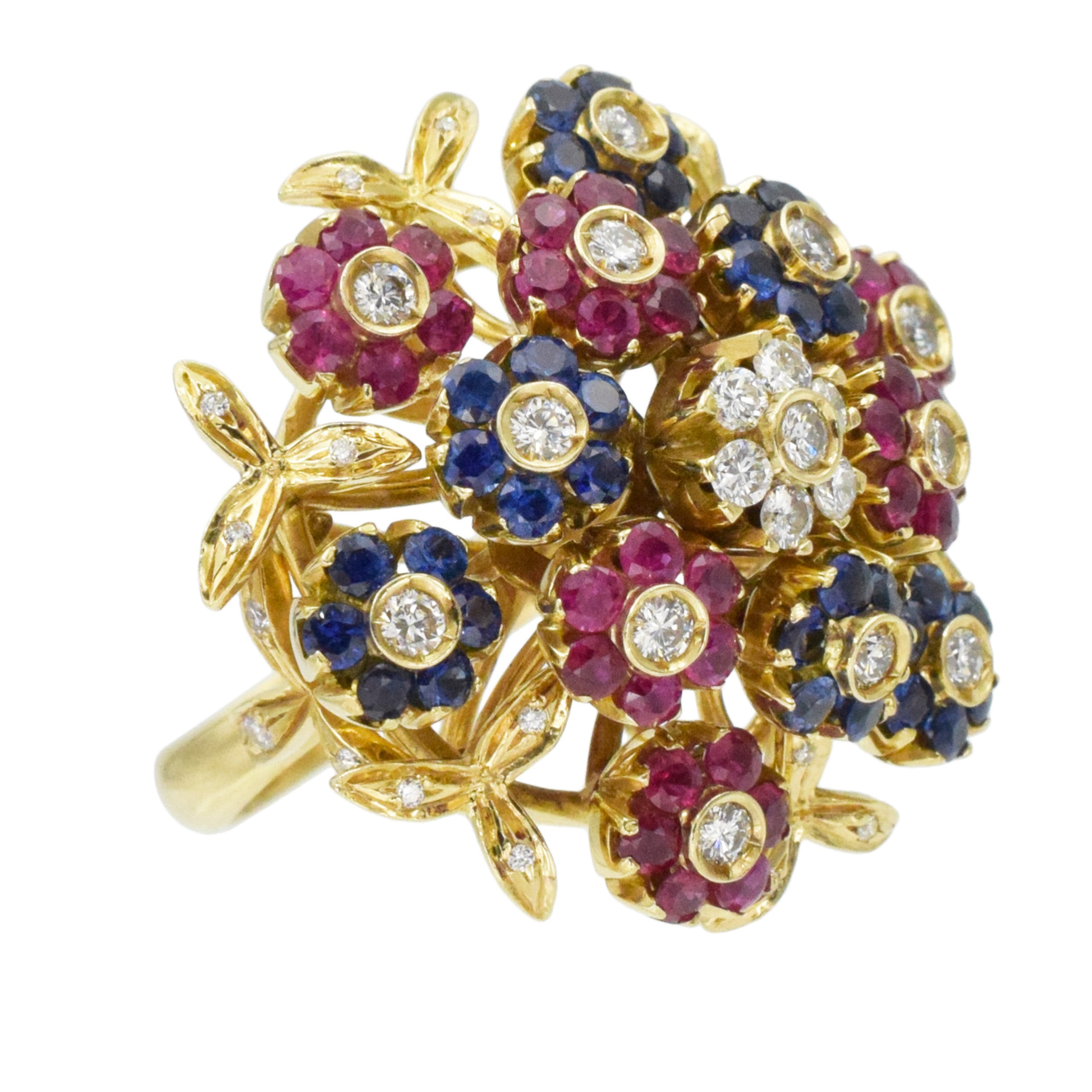 Ruby, Sapphire And Diamond Tremblant Flower Ring In 18k Yellow Gold