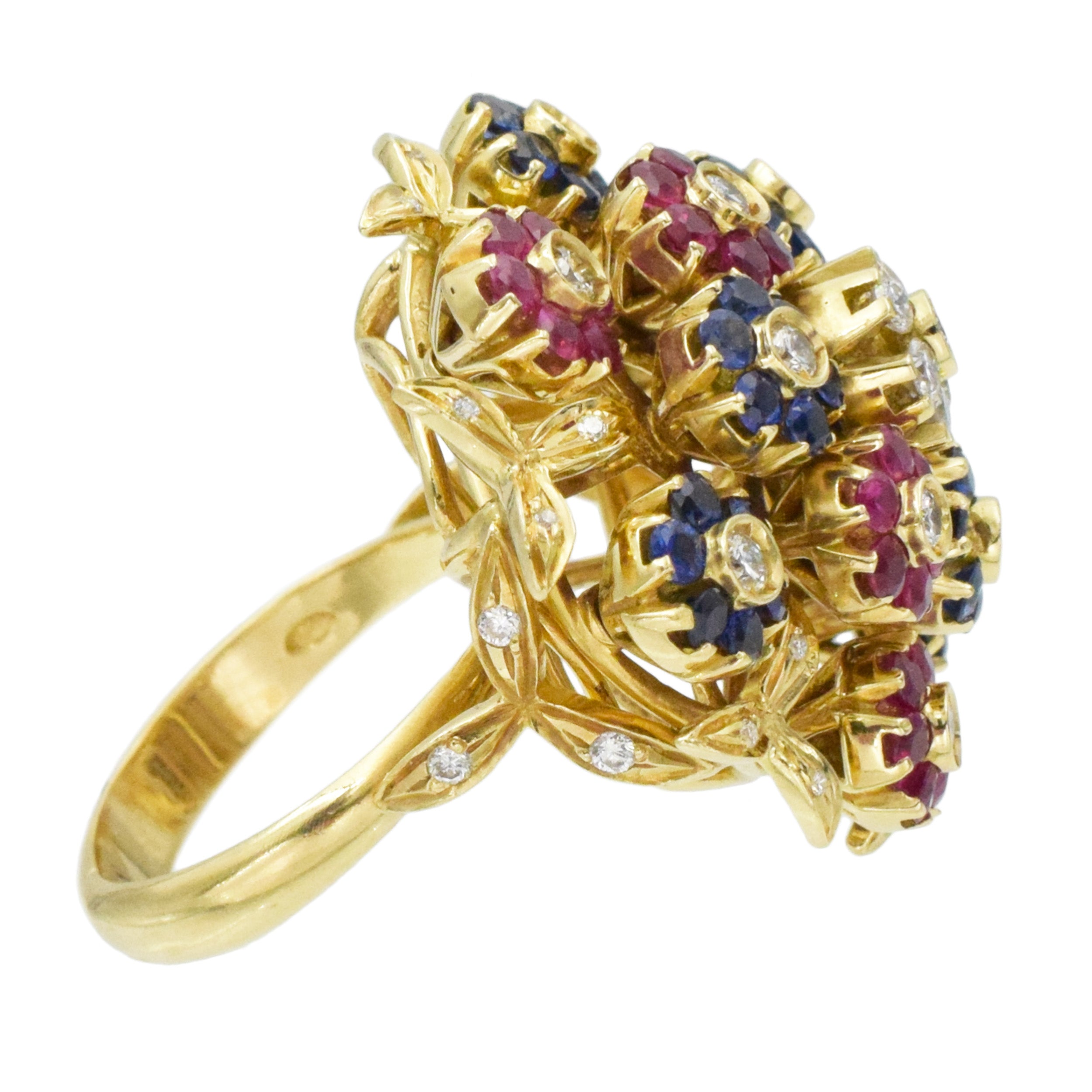 Ruby, Sapphire And Diamond Tremblant Flower Ring In 18k Yellow Gold