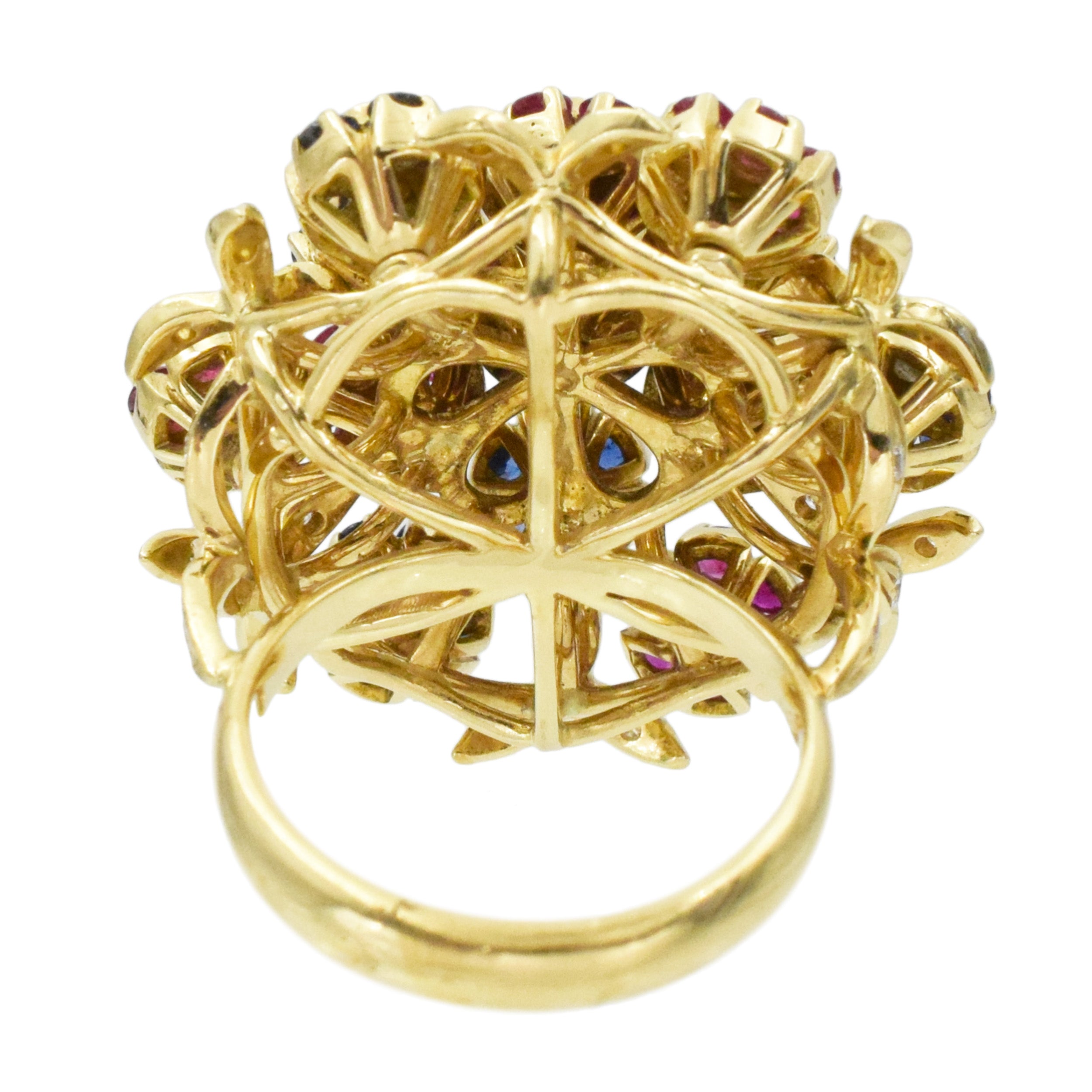 Ruby, Sapphire And Diamond Tremblant Flower Ring In 18k Yellow Gold