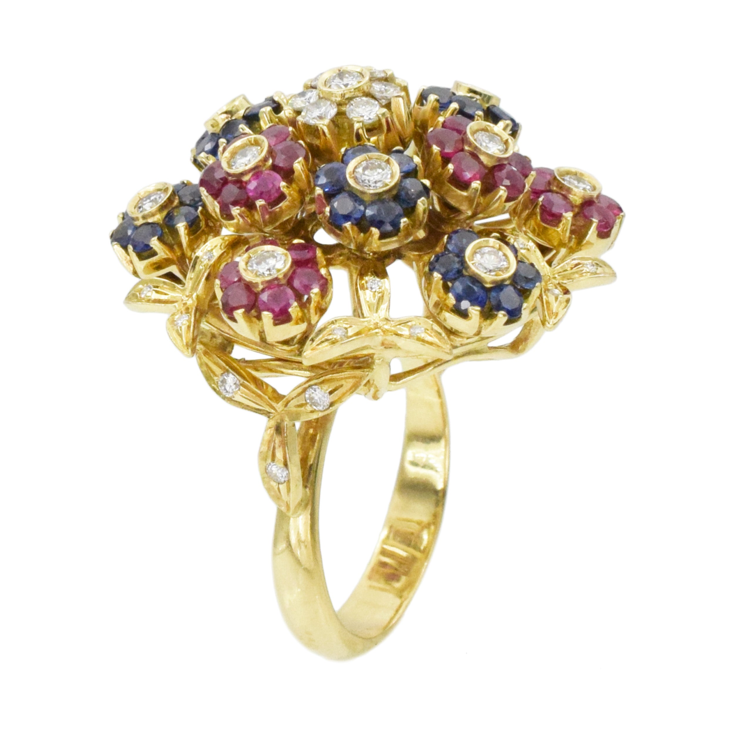 Ruby, Sapphire And Diamond Tremblant Flower Ring In 18k Yellow Gold