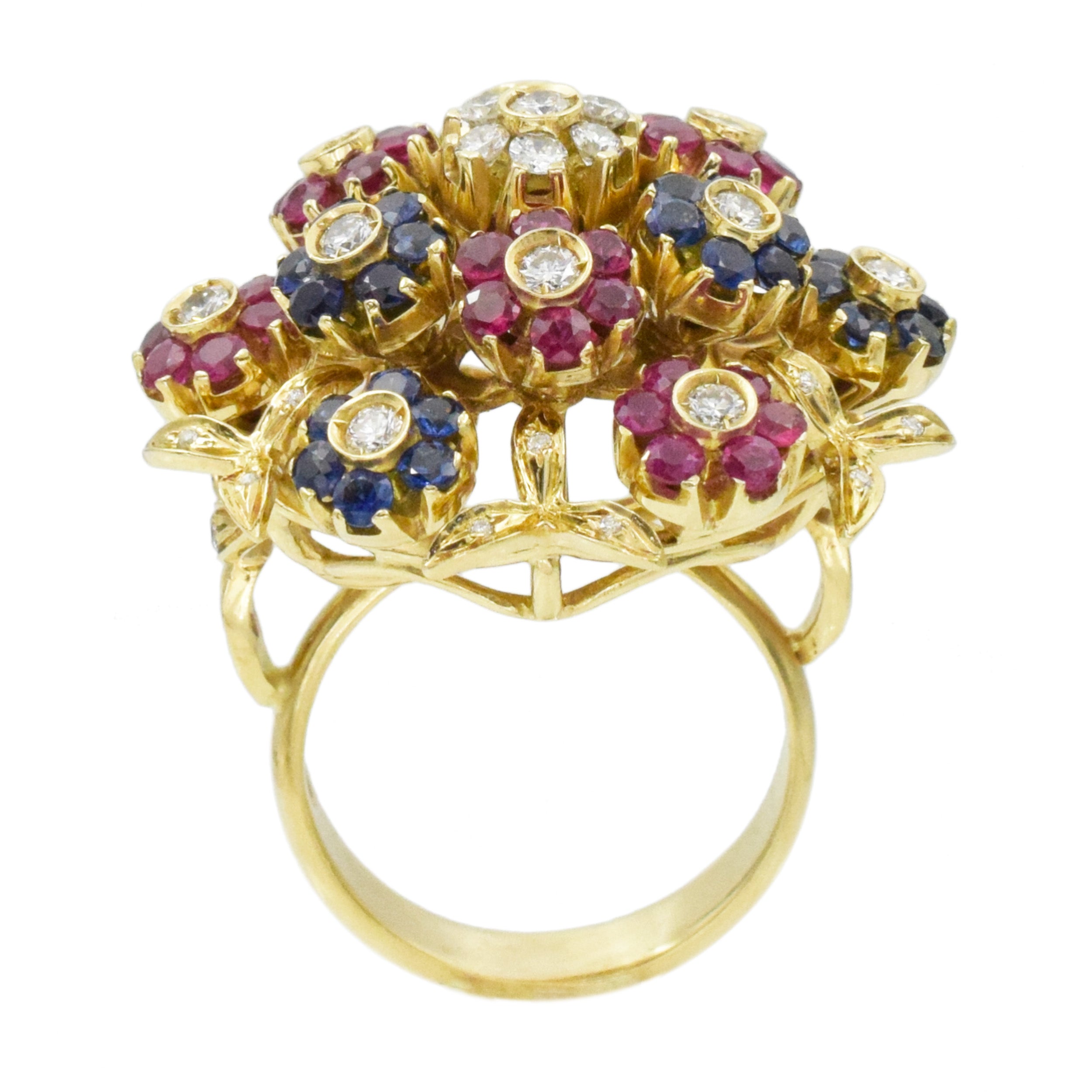 Ruby, Sapphire And Diamond Tremblant Flower Ring In 18k Yellow Gold
