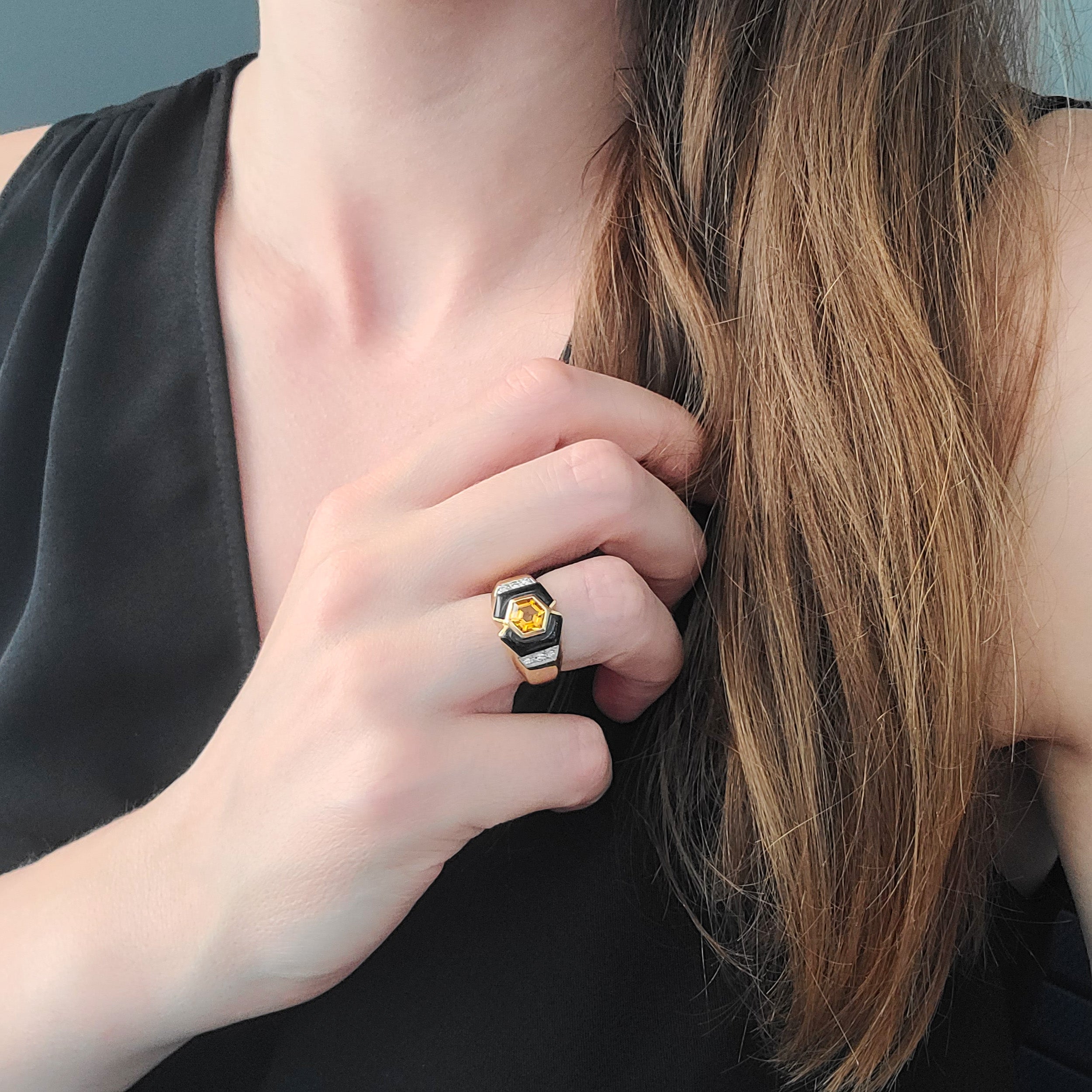 Citrine, Diamond And Onyx Ring In 14k Yellow Gold