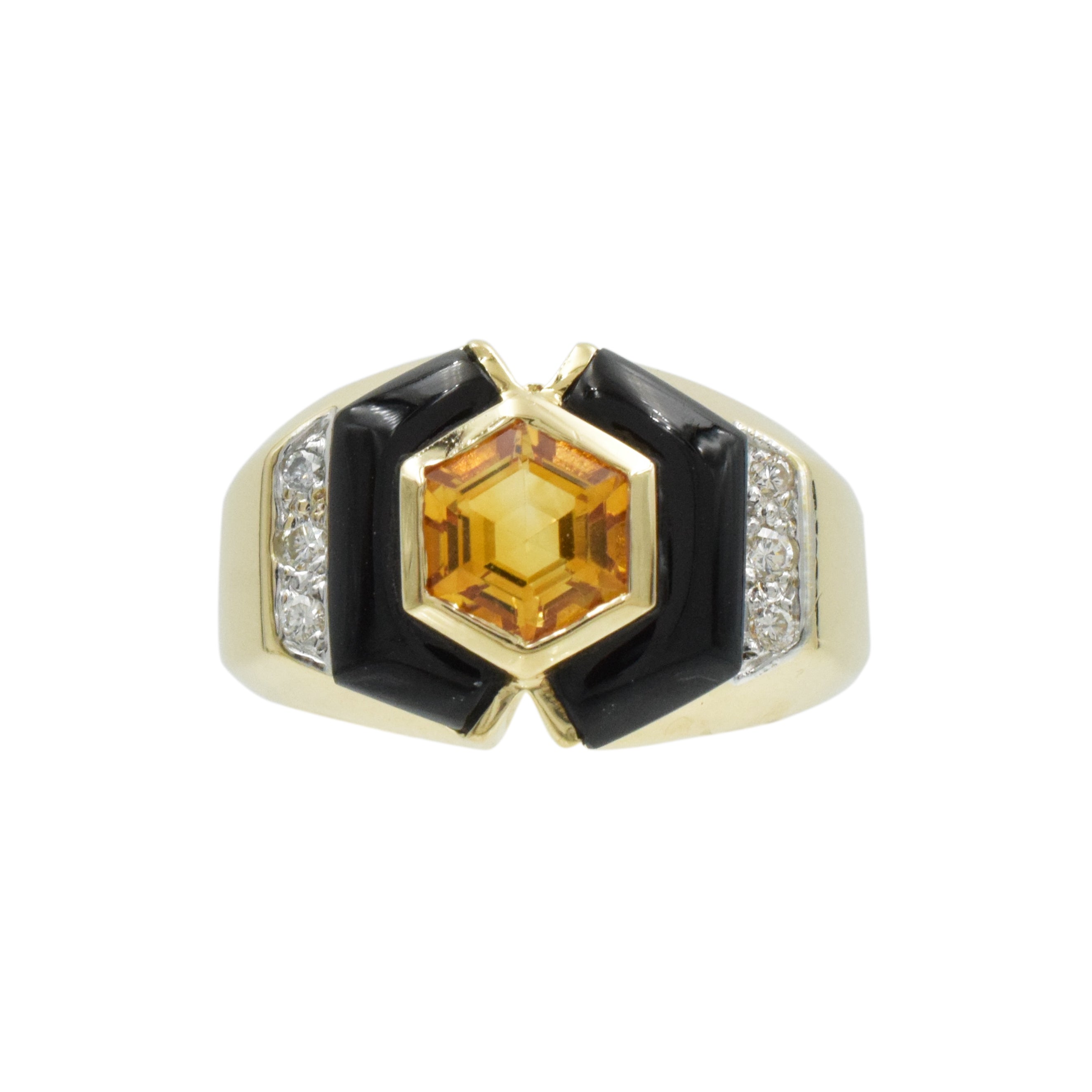 Citrine, Diamond And Onyx Ring In 14k Yellow Gold