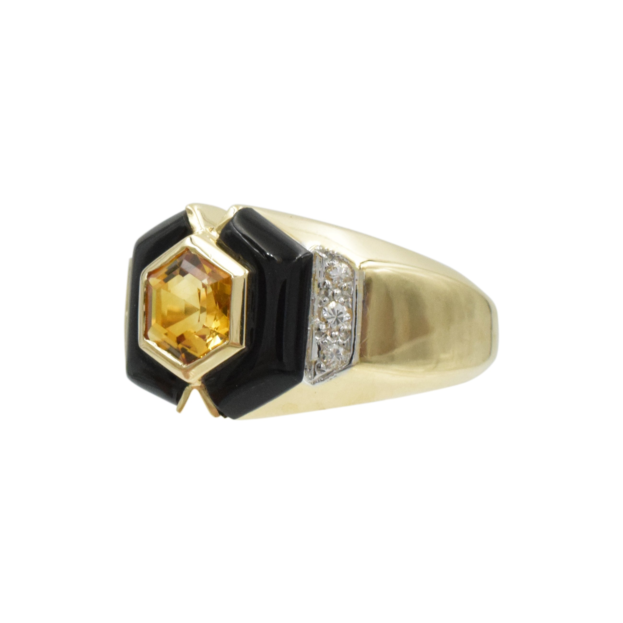 Citrine, Diamond And Onyx Ring In 14k Yellow Gold