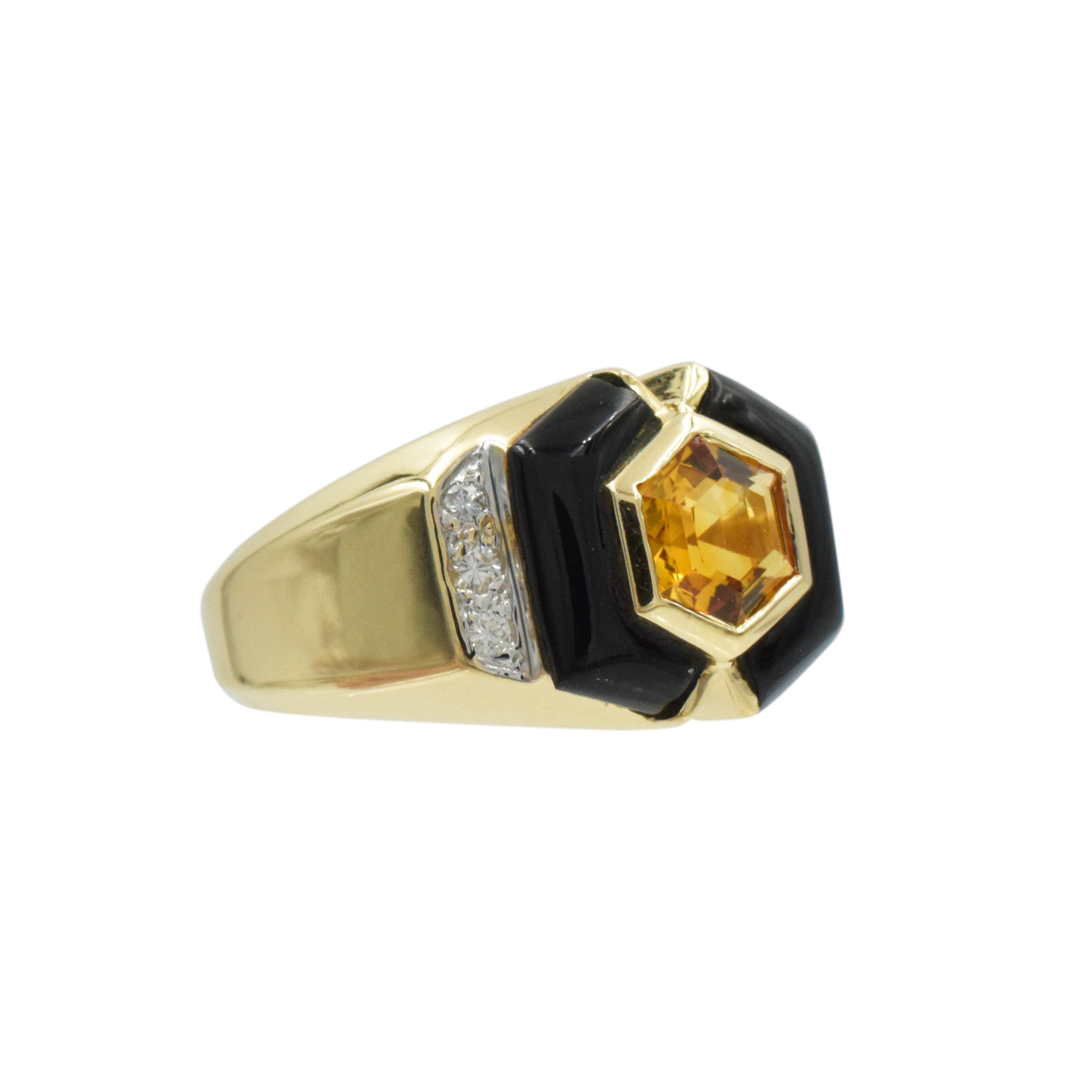 Citrine, Diamond And Onyx Ring In 14k Yellow Gold
