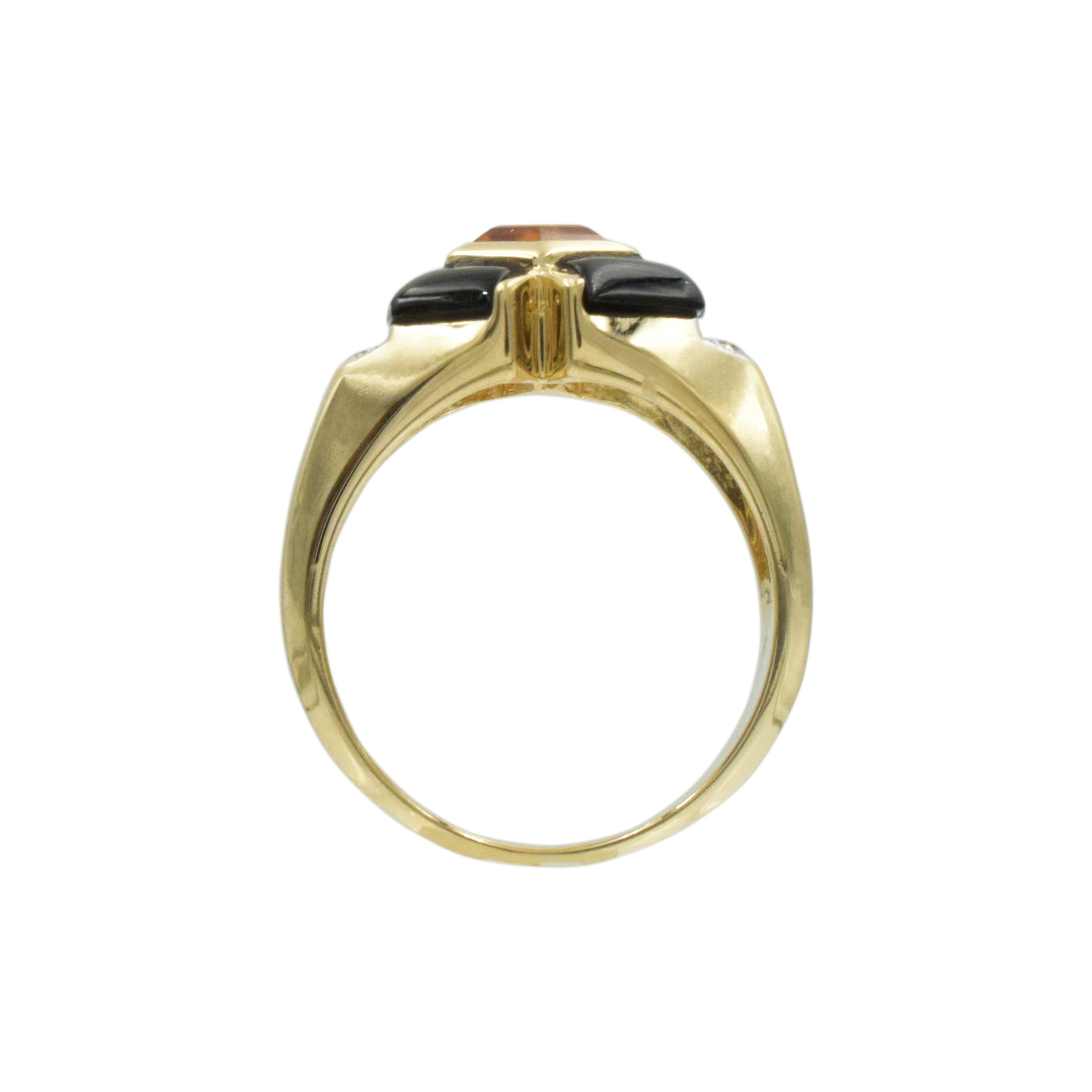 Citrine, Diamond And Onyx Ring In 14k Yellow Gold