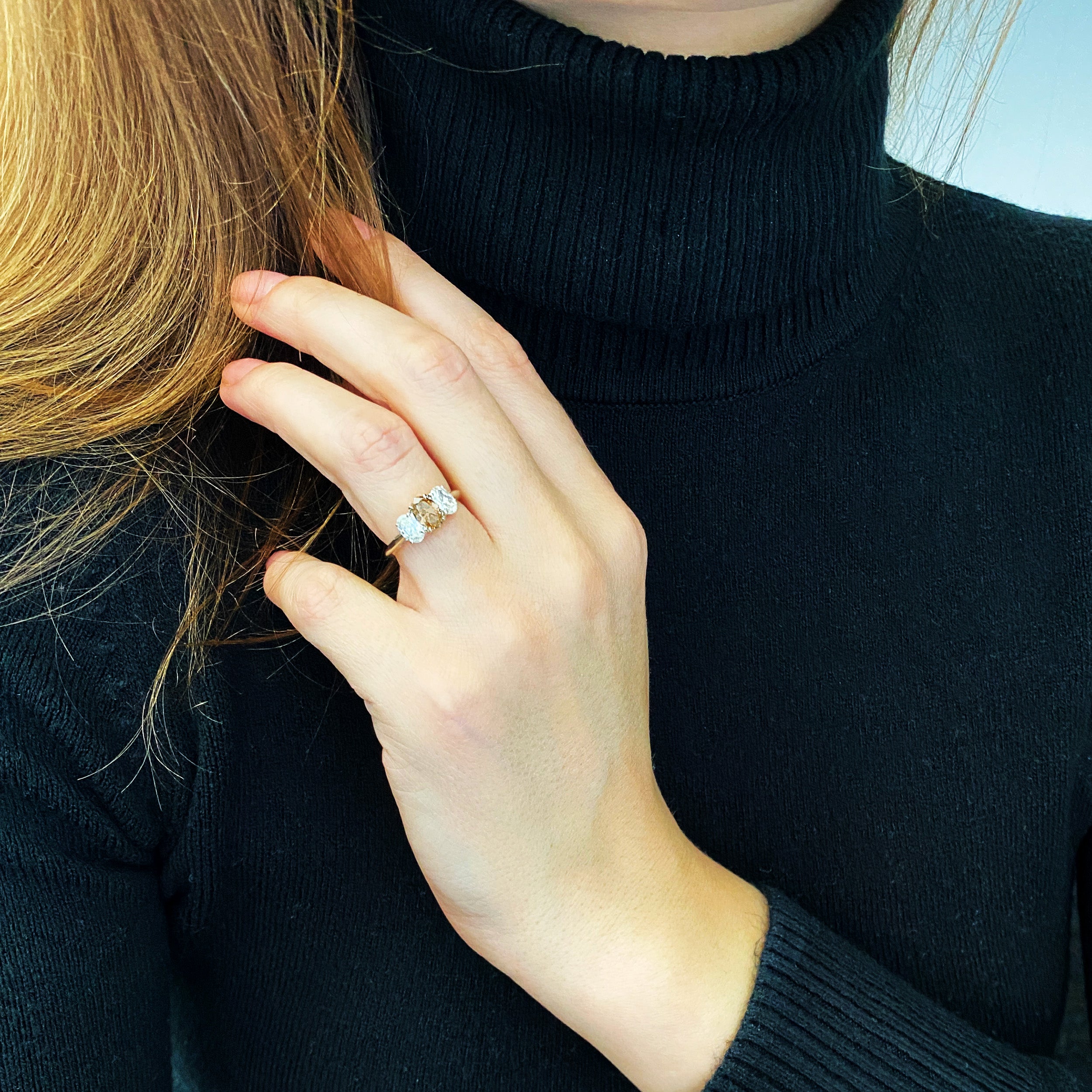 Color And White Diamond Three Stone Ring In 18k White Gold