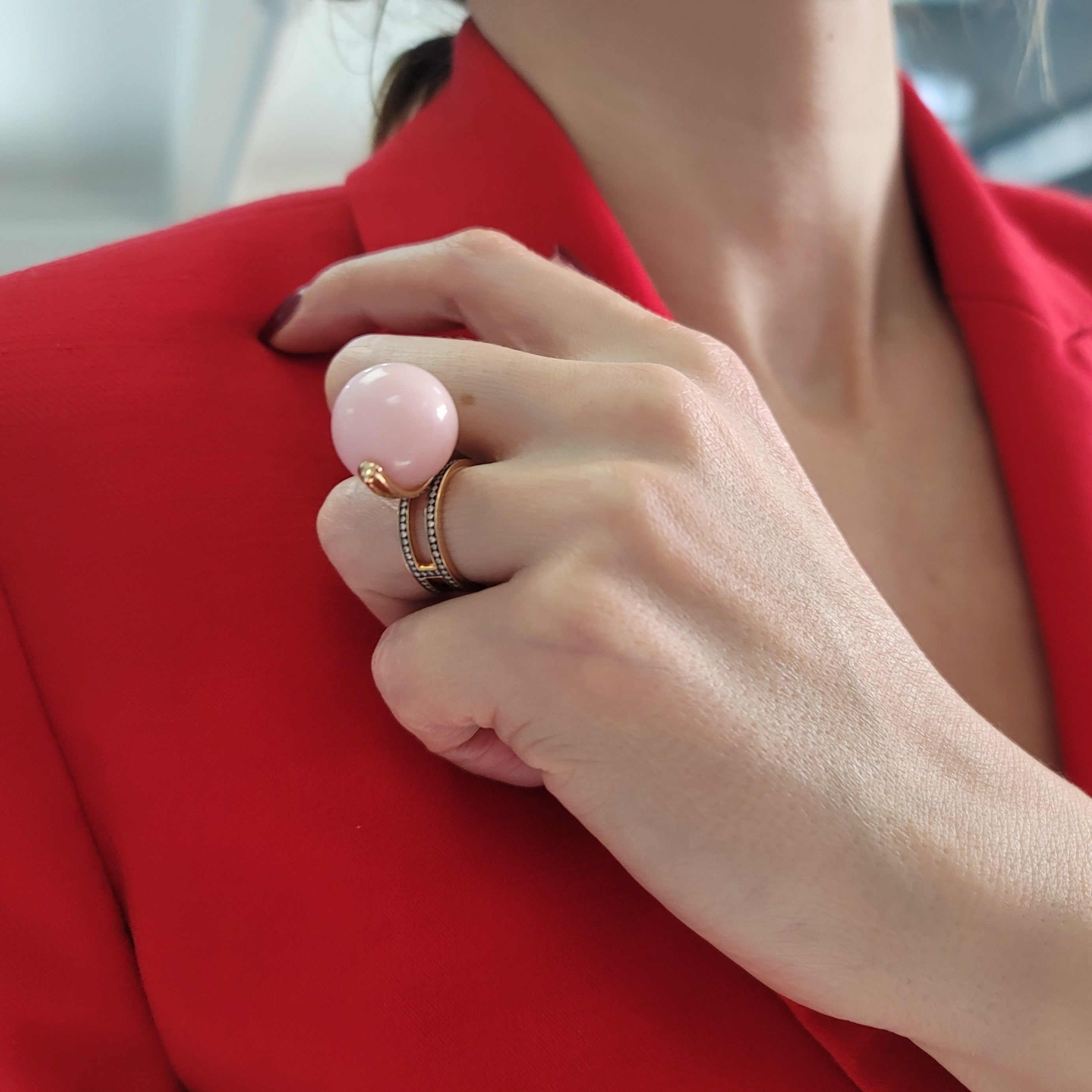 Hermes Chandra Pink Opal Ball And Diamond Ring In 18k Rose Gold