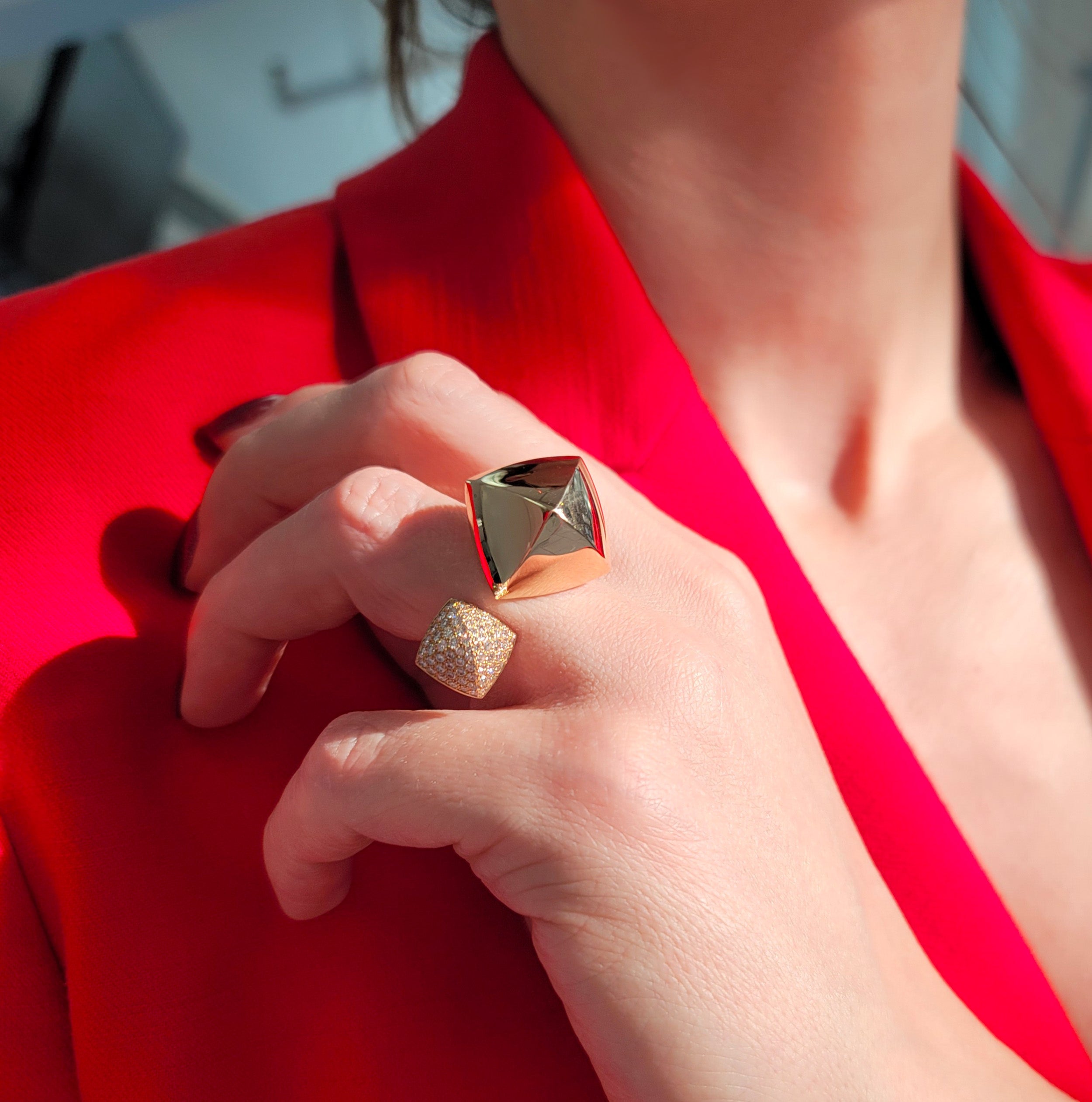 Hermes ' Collier De Chiens ' Double Pyramid Ring In 18k Rose Gold