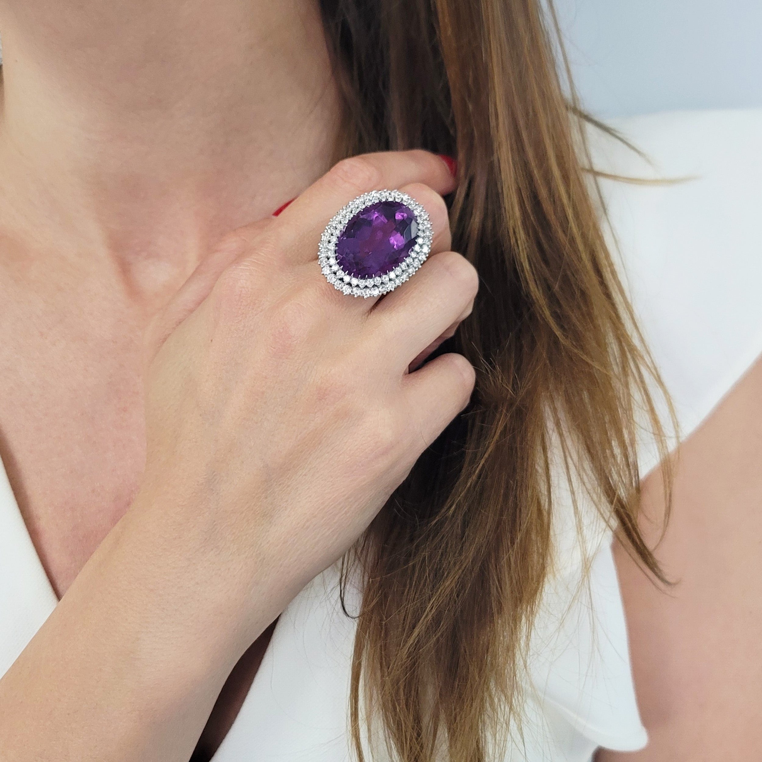 Amethyst And Diamond Cocktail Ring In 18k White Gold
