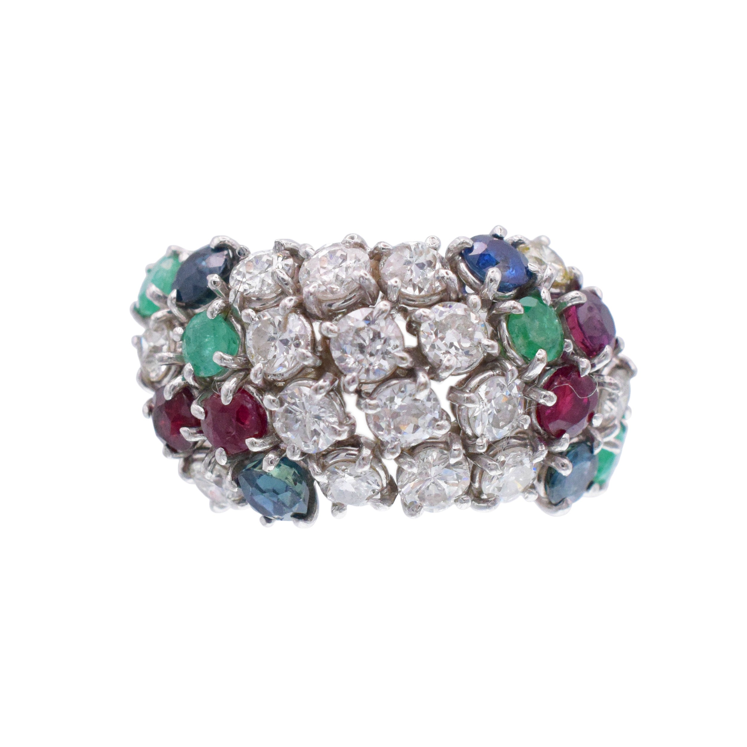 Diamond, Ruby, Sapphire And Emerald Four-Row Ring In 10k White Gold