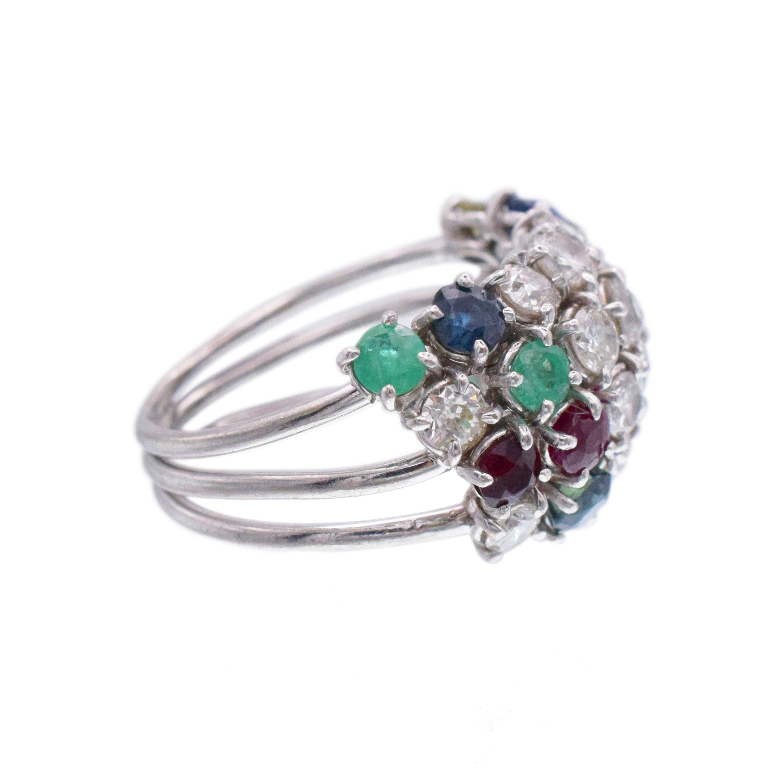 Diamond, Ruby, Sapphire And Emerald Four-Row Ring In 10k White Gold
