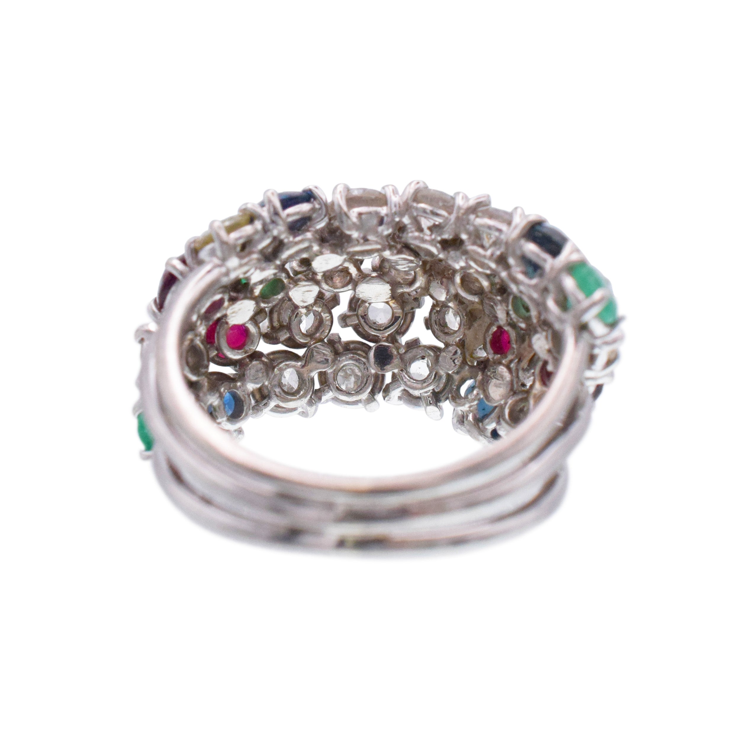 Diamond, Ruby, Sapphire And Emerald Four-Row Ring In 10k White Gold