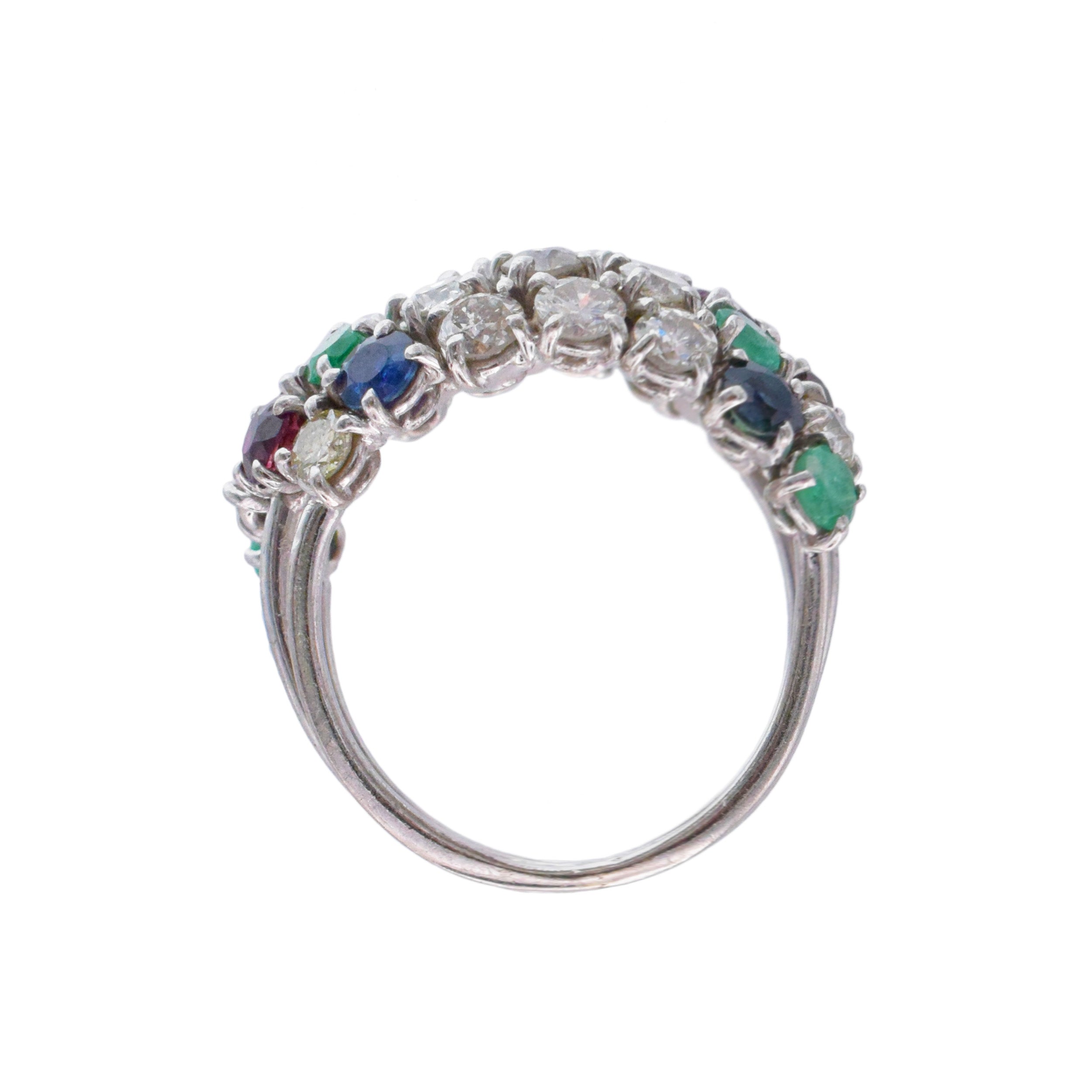 Diamond, Ruby, Sapphire And Emerald Four-Row Ring In 10k White Gold