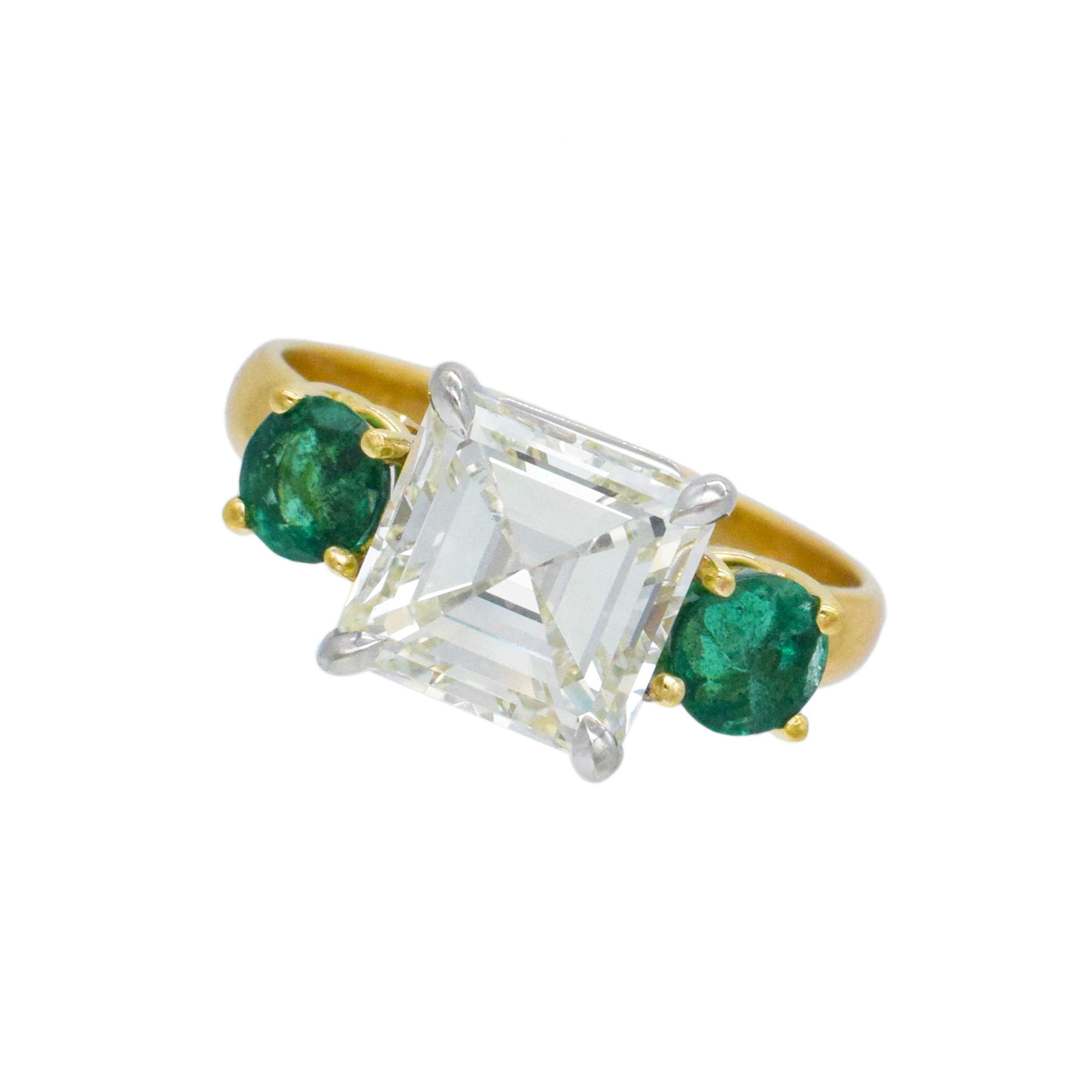 Tri-Stone 2.27ct Diamond And 0.75ct Emerald Ring In 18k Yellow Gold And Platinum