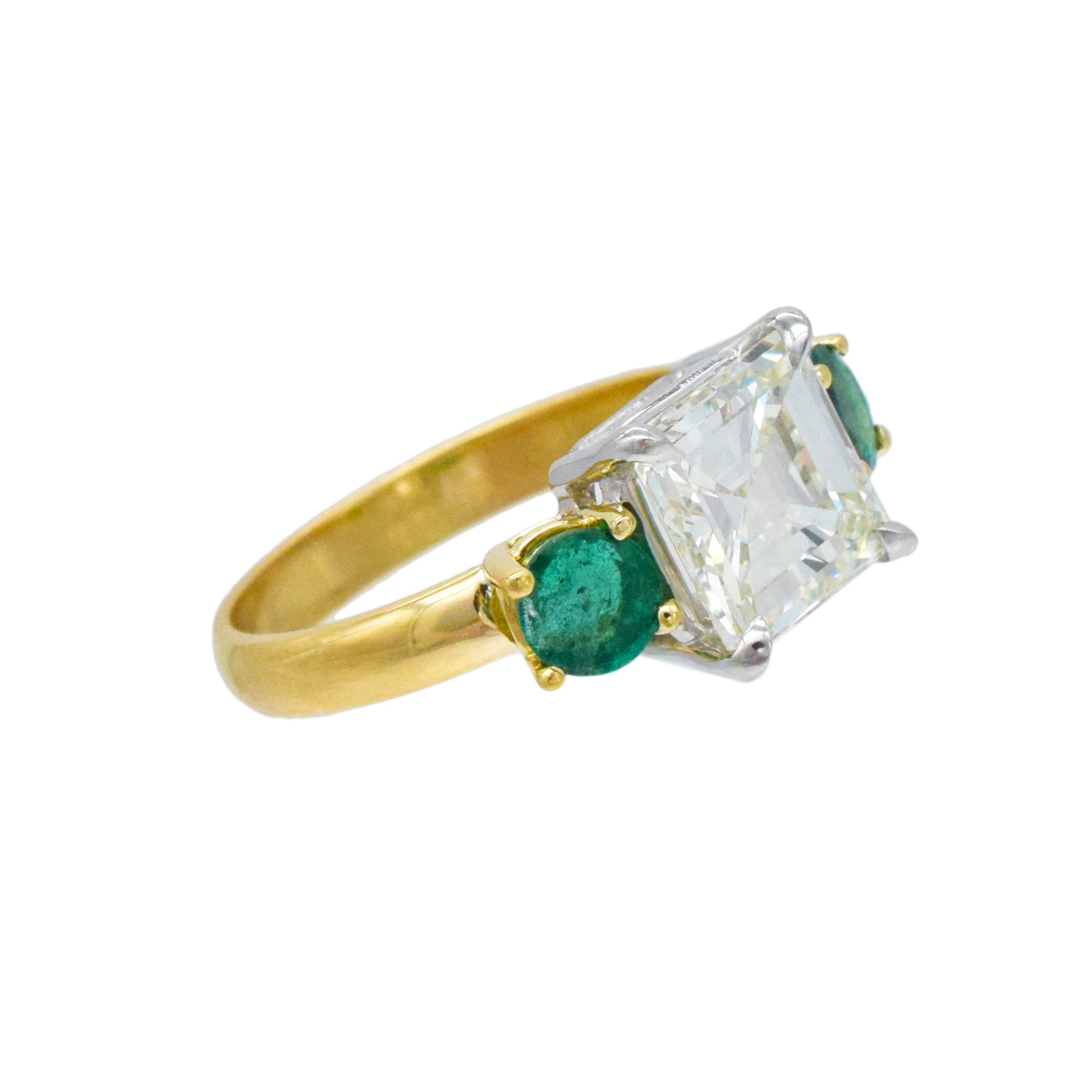 Tri-Stone 2.27ct Diamond And 0.75ct Emerald Ring In 18k Yellow Gold And Platinum