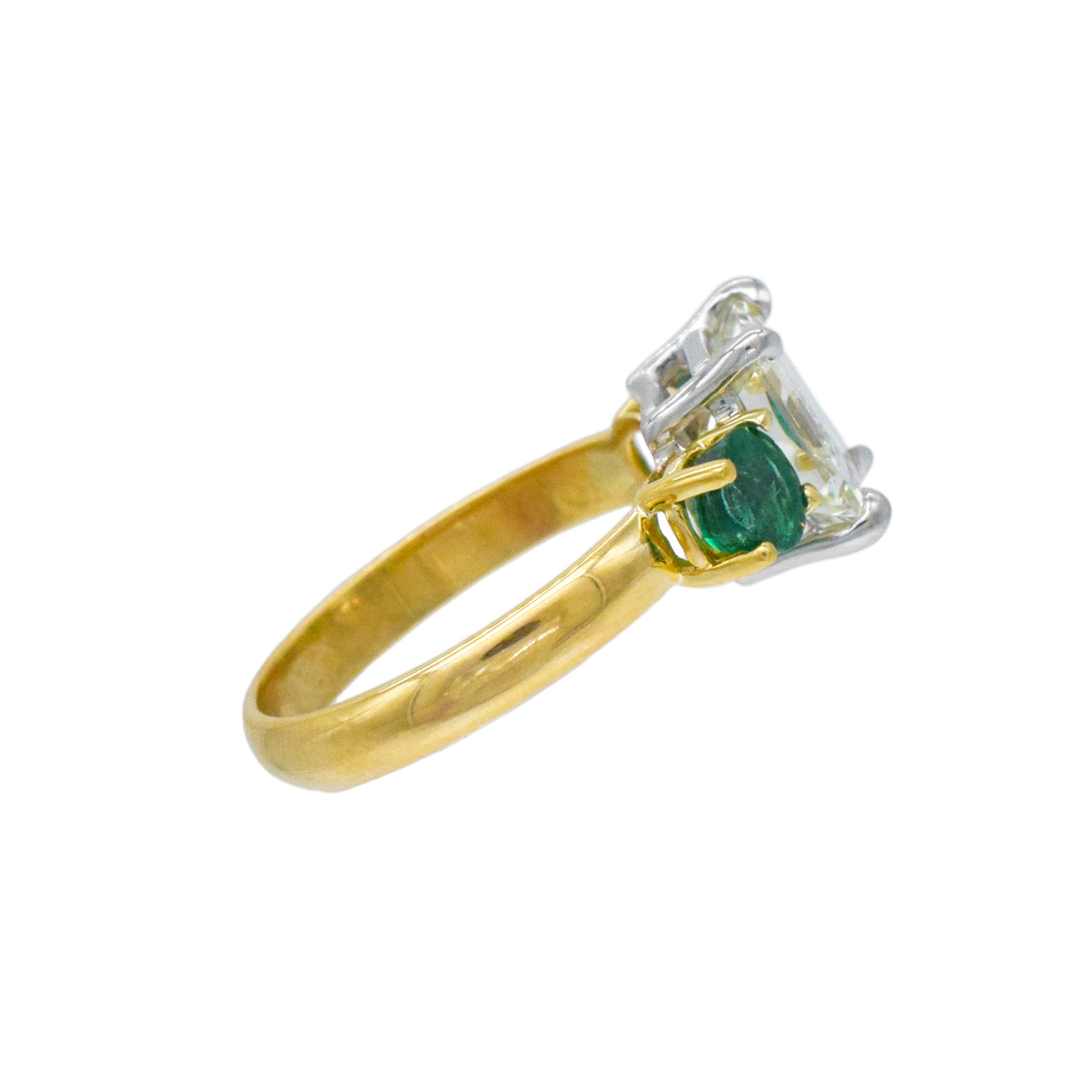 Tri-Stone 2.27ct Diamond And 0.75ct Emerald Ring In 18k Yellow Gold And Platinum