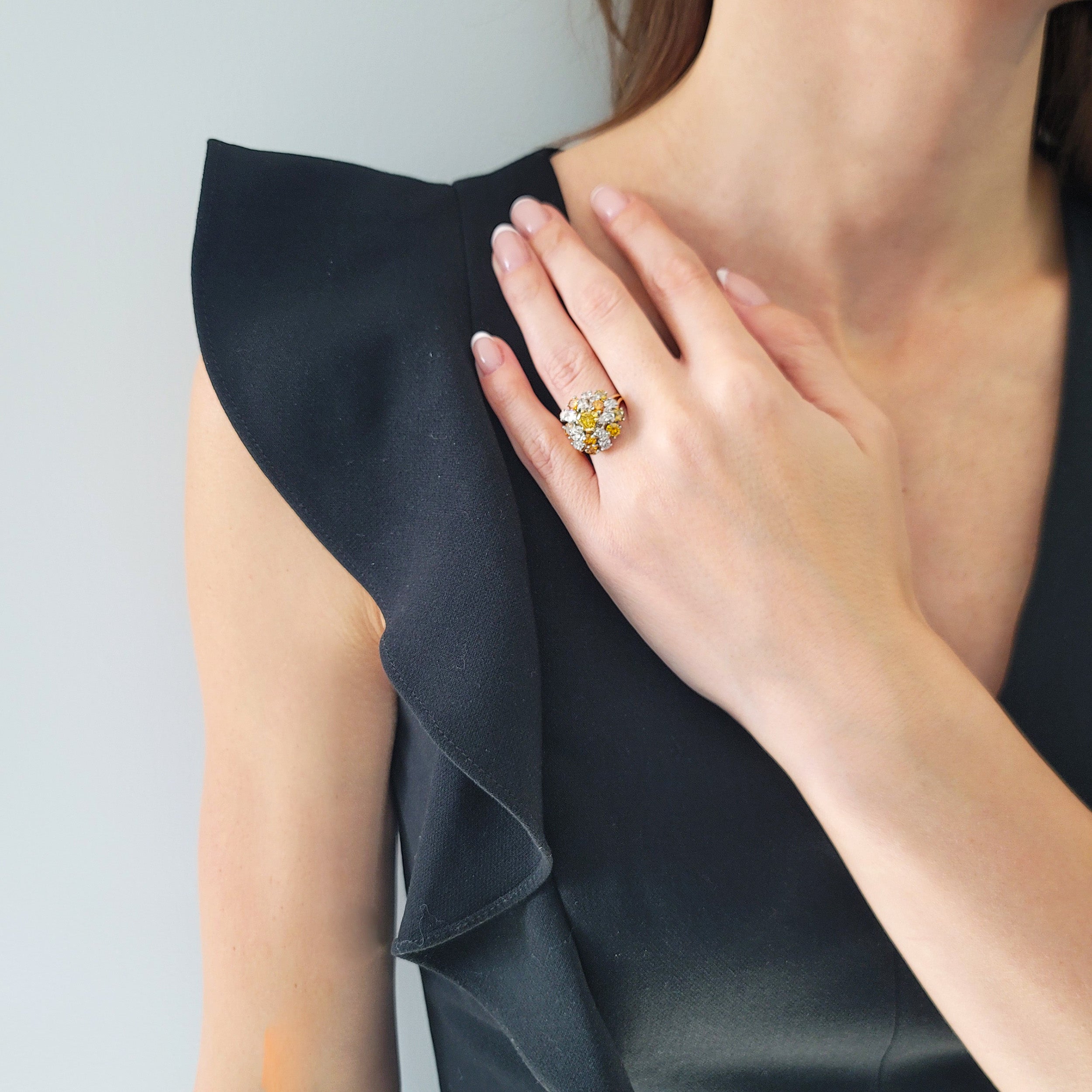 Oscar Heyman Color And White Diamond Cluster Ring In 18k Yellow Gold And Platinum