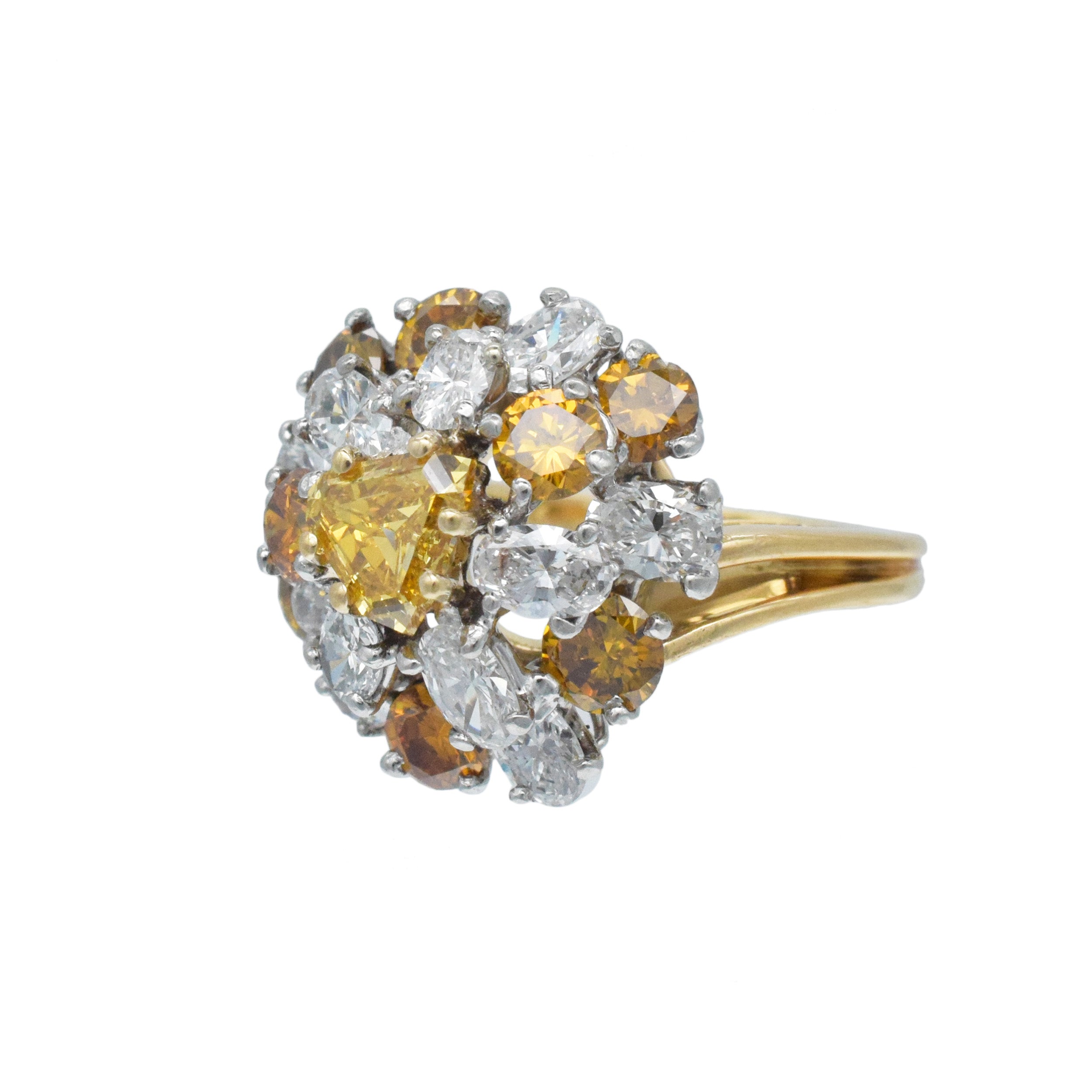 Oscar Heyman Color And White Diamond Cluster Ring In 18k Yellow Gold And Platinum