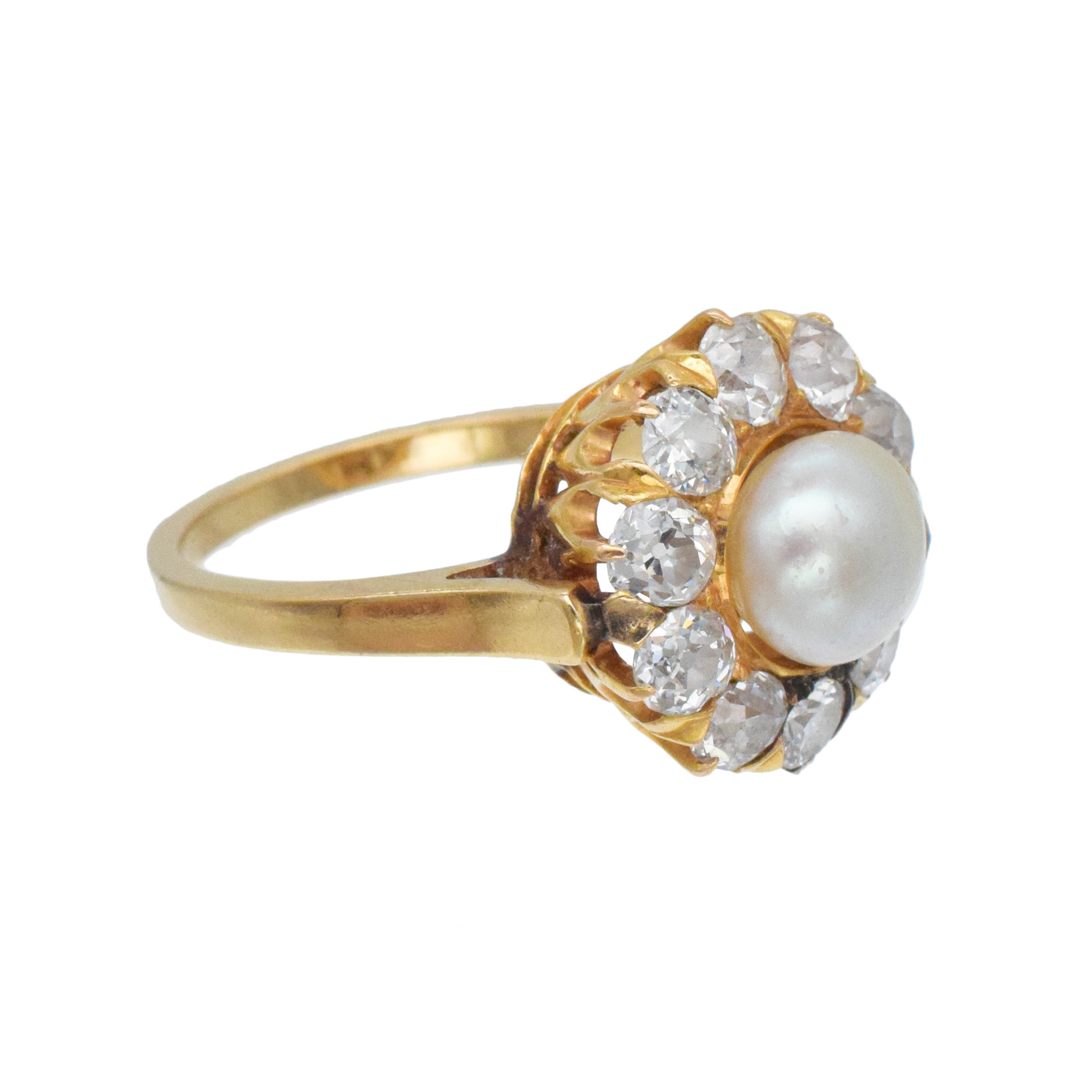 Victorian Natural Saltwater Pearl And Diamond Cocktail Ring In 14k & 18k Rose Gold
