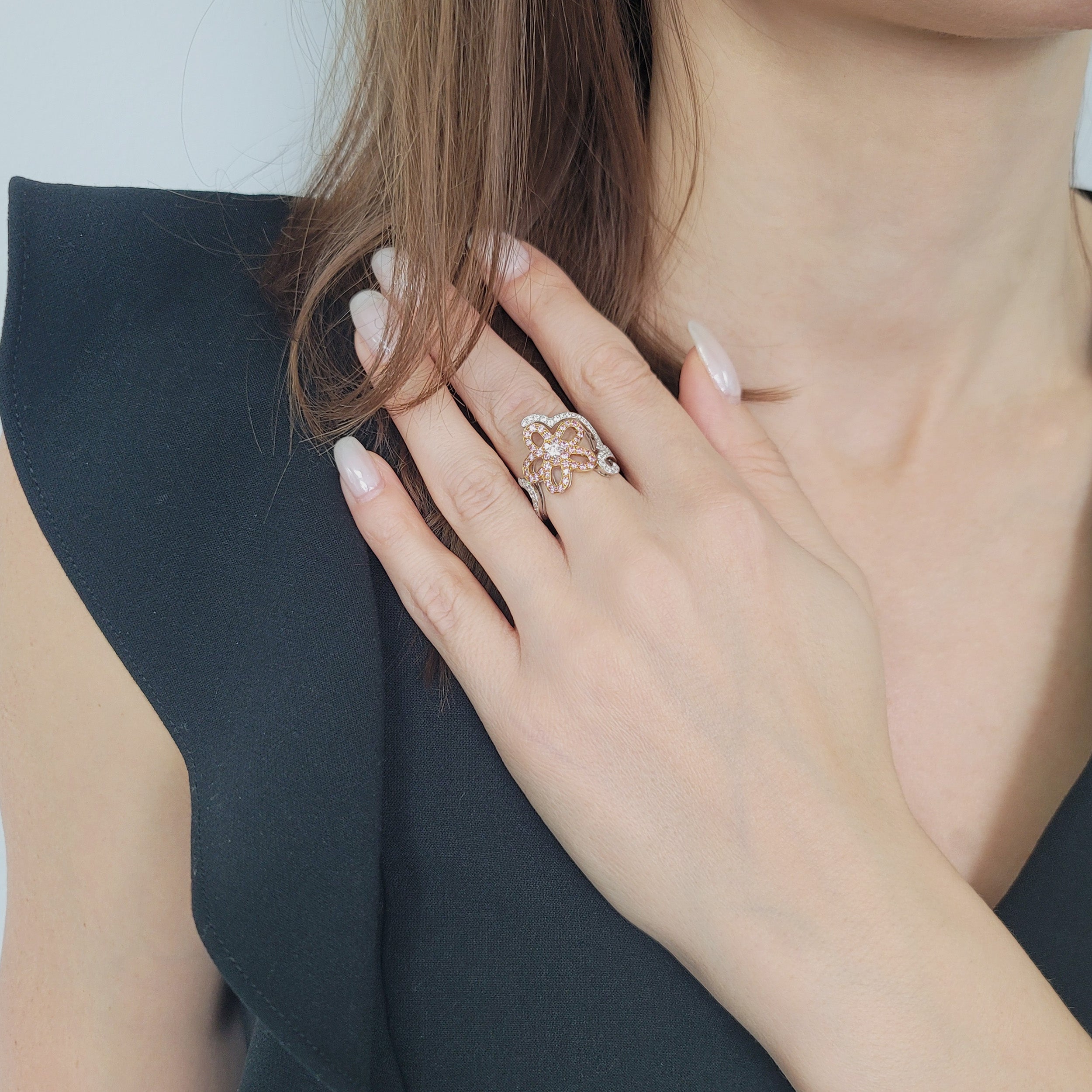 Van Cleef & Arpels Pink And White Diamond Floral-Motif Ring In Two Tone Gold